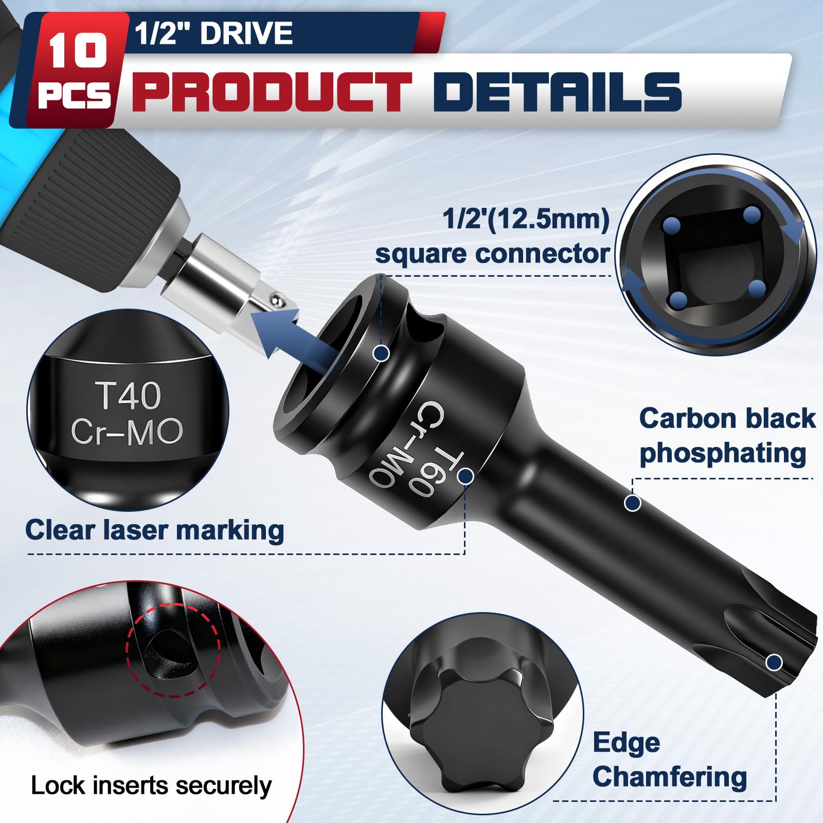 Juego de 10 llaves de vaso Torx de 1/2", 1/2" de fuerza Torx, juego de llaves de impacto T20, T25, T27, T30, T35, T40, T45, T50, T55, T60