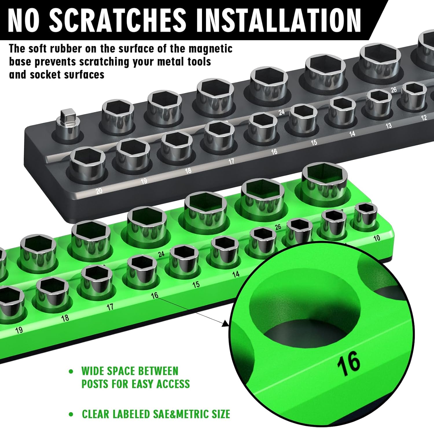 Magnetic Socket Organizer Holder Set For Tool Box Drawer, Toolbox Organization Including 1/4", 3/8" and 1/2" Drive Metric SAE Socket Trays (Sockets are not Included)