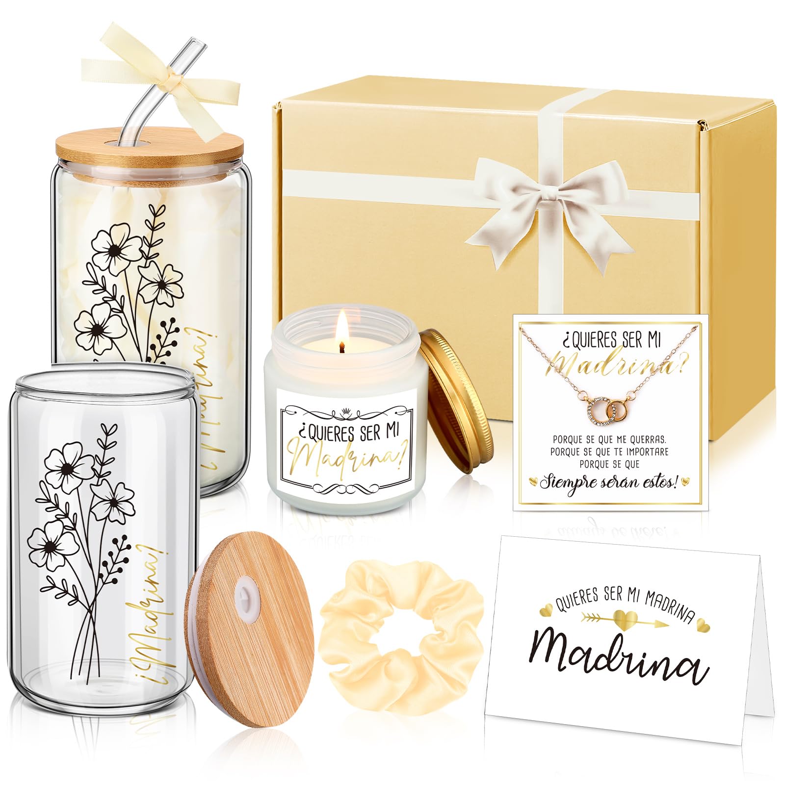 Photo 1 of Singhoow 6 Pcs Godmother Proposal Gift Set, Will You Be My Godmother Gift Box, 16oz Glass Cup, Necklace & Scented Candle from Godchild for Baptism Mother’s Day Birthday(Spanish,Champagne)