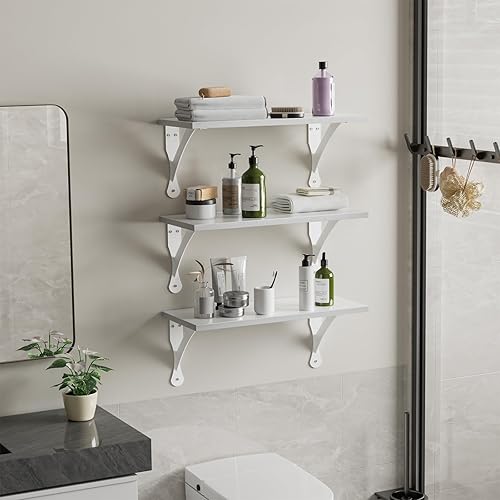 Miniatura 4 de Juego de 3 estantes flotantes de madera, estante de exhibición ancho montado en la pared con soportes, estantes flotantes fáciles de colgar para