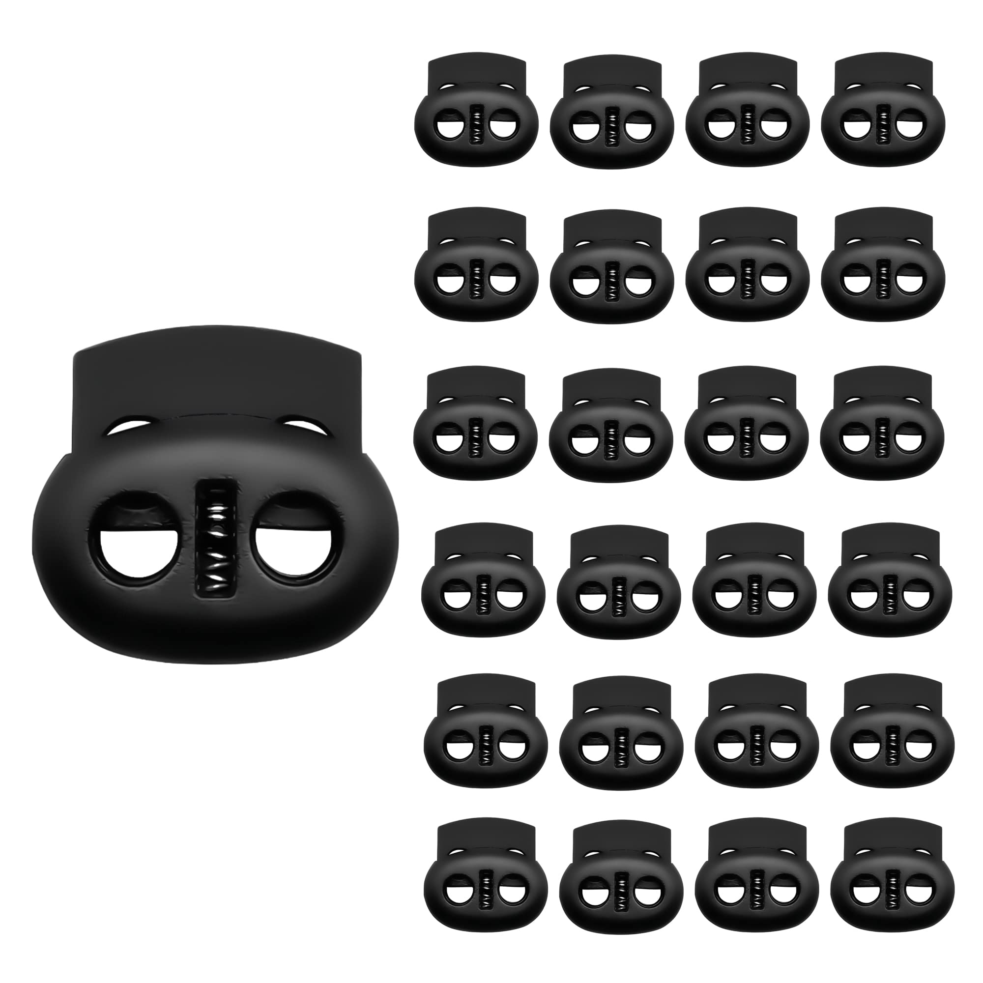 Sialpro Unisex Black Double Hole Plastic Spring Cord Locks Toggle Stoppers For Drawstrings Paracord End Strong Heavy Duty Flate Pyjamas Shoelaces Fasteners With Spring Loaded Push Button(Pack Of 24)