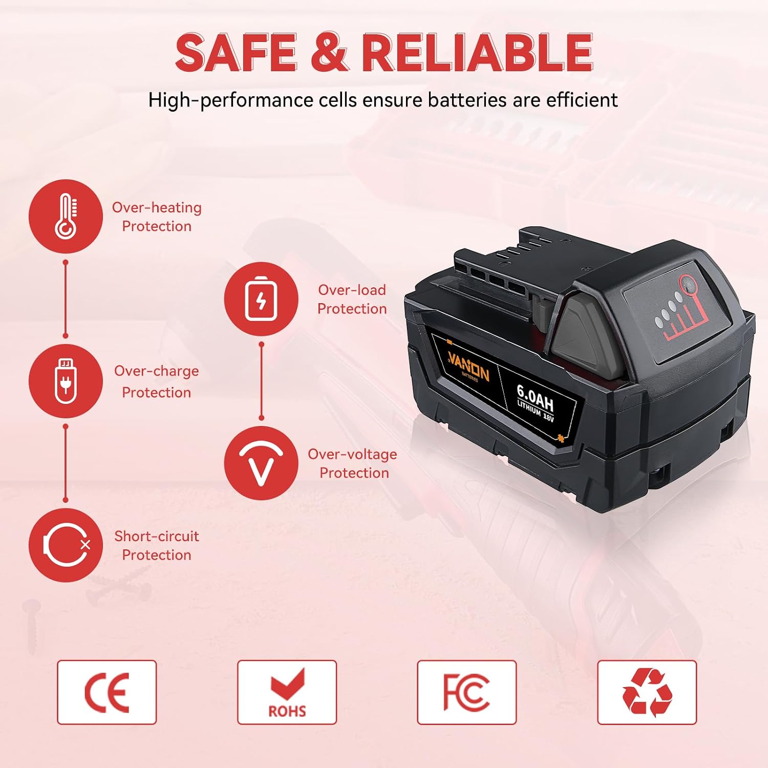 VANON High Output 18V 6.0Ah M-18 Battery Replacement for Milwaukee M 18 Battery Lithium ion 48-11-1850 48-11-1862 48-11-1840 48-11-1828 48-11-1815
