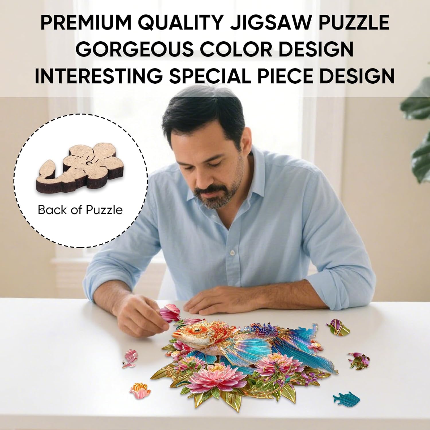 Ixfyloop Wooden Puzzles for Adults Wood Puzzles Adult, Fish Wooden Jigsaw Puzzles, Unique Shape Irregular Carp Wooden Jigsaw Puzzles for Adults Birthday Gift, 497 Pieces 16.2x17 inch