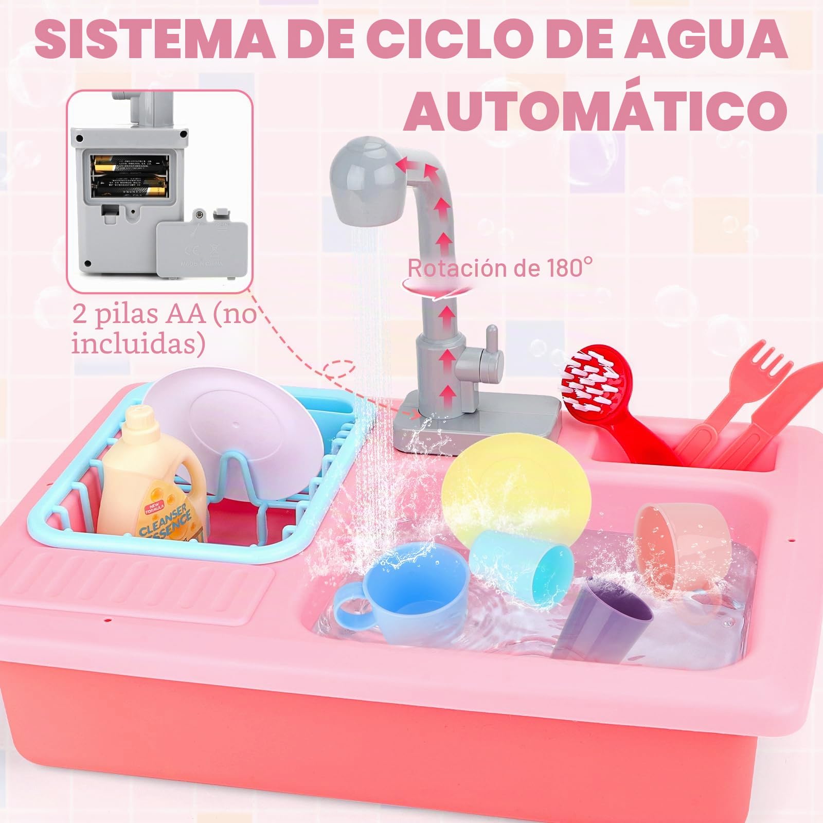 deAO Fregadero Electrónico de Cocina Conjunto de Juguete para Lavar Platos Accesorio de Cocinita Infantil Juegos de Imitación para Niños y Niñas (Rosa)