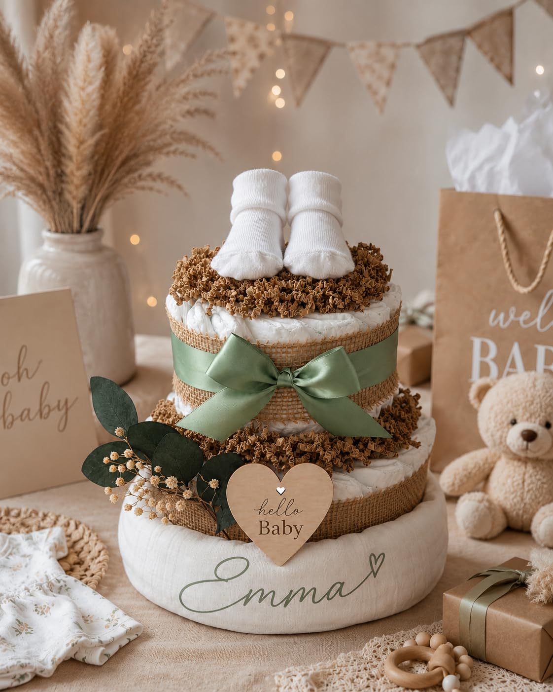 Boho Windeltorte mit Namen personalisiert, Geschenk zur Geburt, 36 Premium Protection Gr. 2, Mullwindel 80x80 cm, Babysocken, Babygeschenk Mädchen Junge Neutral