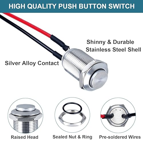 Miniatura 3 de DMWD 5 unids 0.472 in interruptor de botón de cierre de cabeza redonda alta con cable pre-soldado acero inoxidable 1NO 12V 24V 36V 110V 250V
