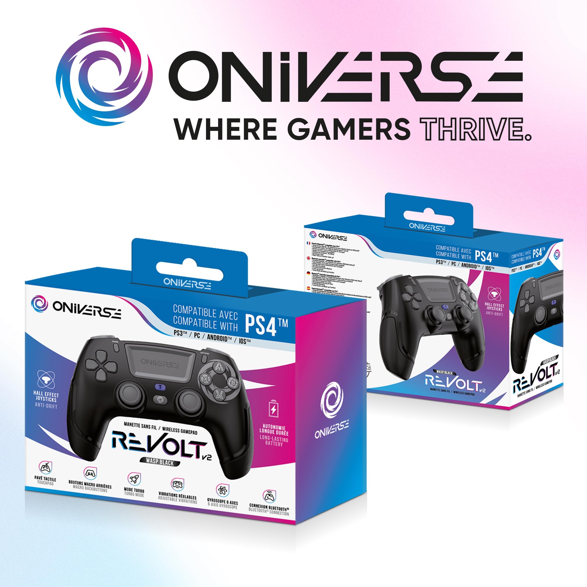 Oniverse Bezprzewodowy kontroler do PS4 PS3 PC Android iOS, gniazdo słuchawkowe, joystick z efektem hali, akumulator 1000 mAh, przyciski makro, funkcja budzenia, 6-osiowy żyroskop, Revolt Black