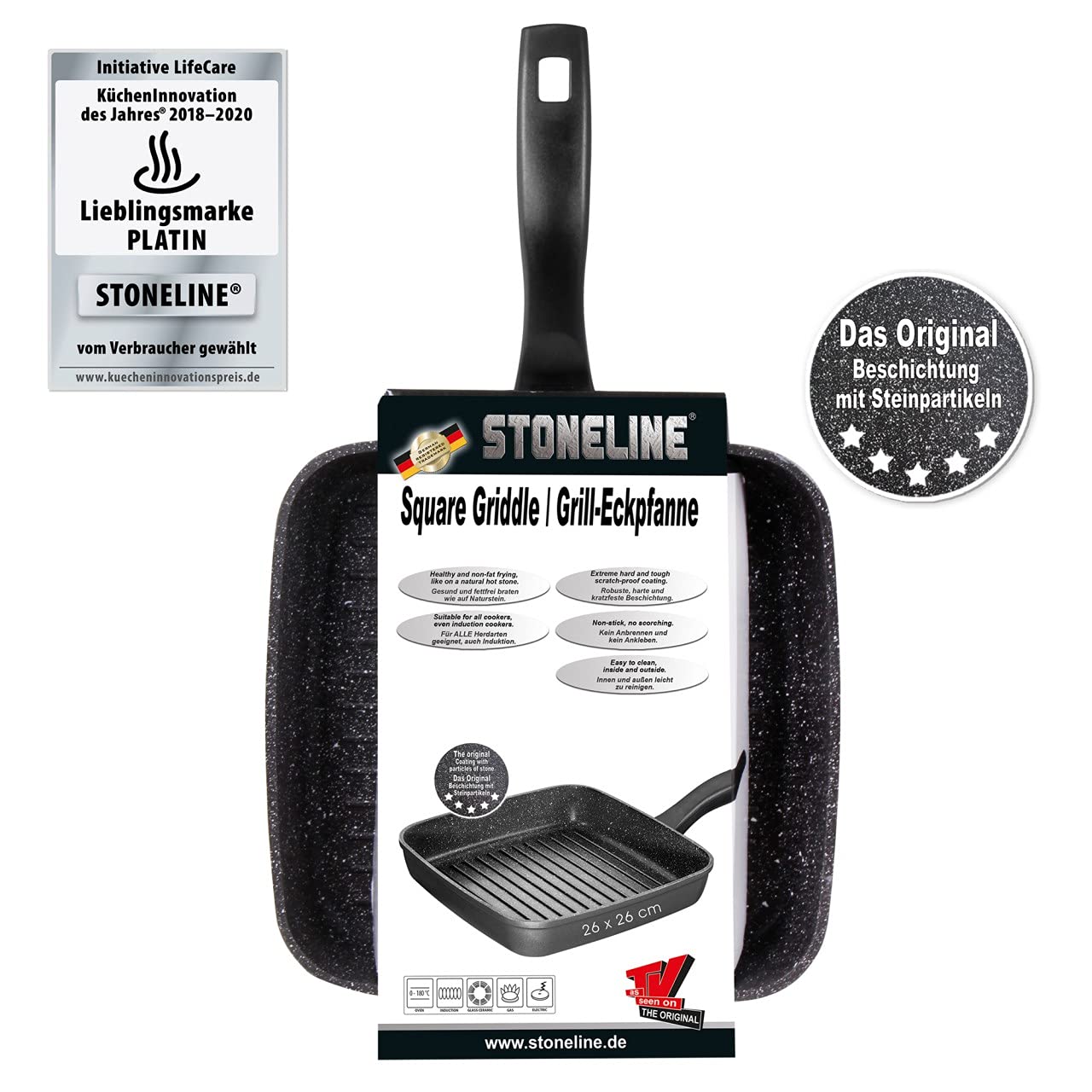 STONELINE Grillpfanne 26 x 26 cm, Aluguss, Antihaftbeschichtung mit echten Steinpartikeln, Große Pfanne Induktion backofengeeignet, Steakpfanne Eckige Pfanne, Schwarz
