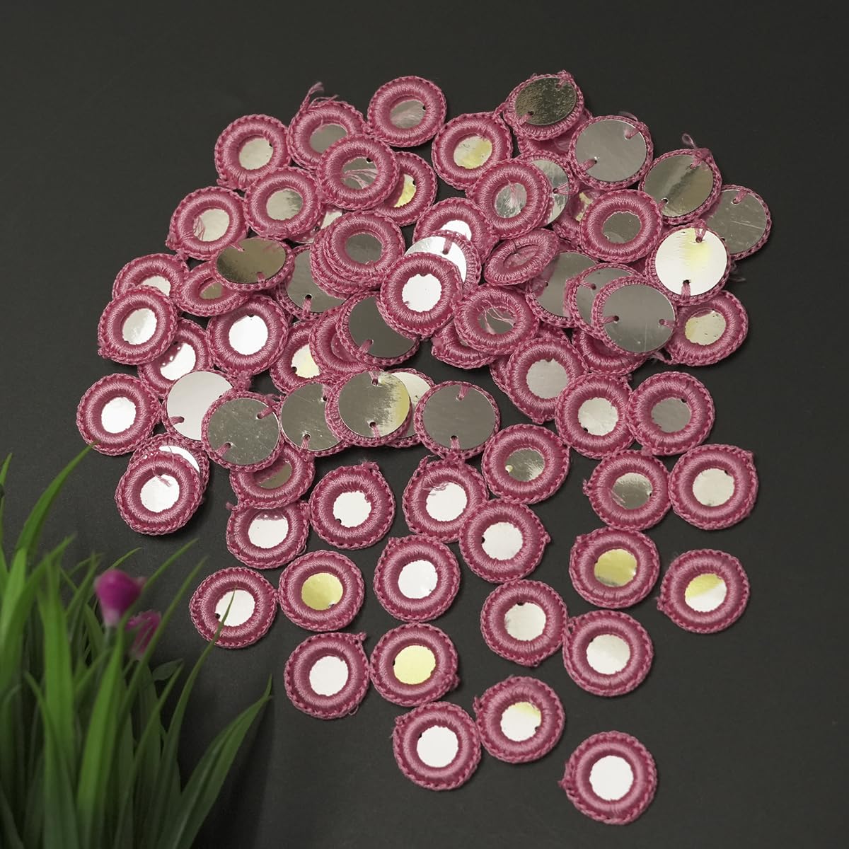 Embroiderymaterial Pink Mirror Work Embroidery Rings 18MM – Sewing Mirror Embellishments for Blouse, Saree, Lehenga, Dress Decoration & DIY Crafts (Pink, 100 Pieces) 2