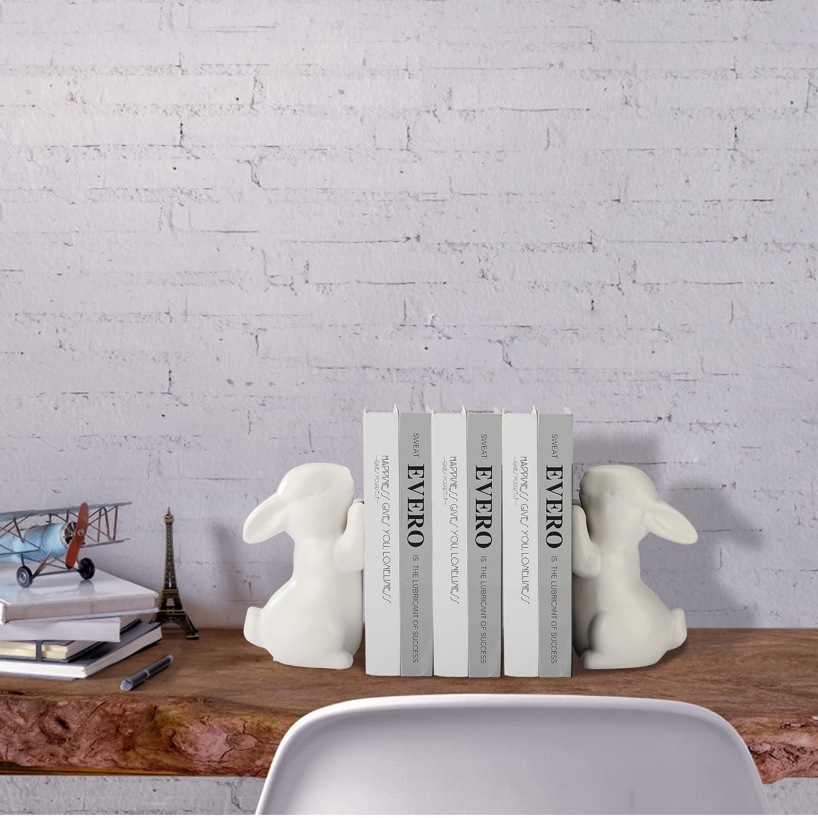 BestAlice 2 Pcs Rabbit Bookends, Bunny Book Ends for Shelves, Ceramic Animal Figurine Book Ends Stands Shelves Organizer, Heavy Duty Bookends to Hold Books, White Rabbit Home Decor