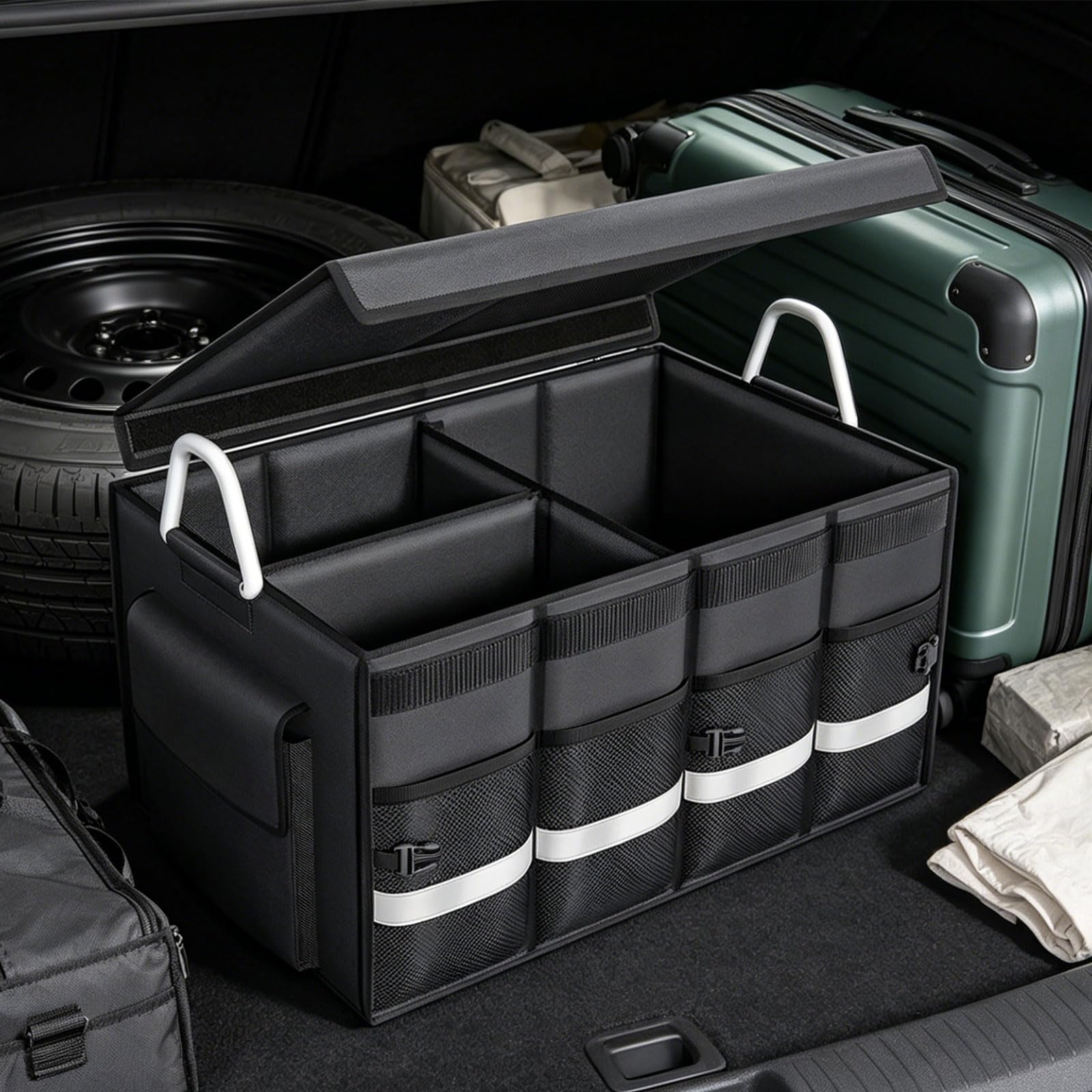 Oxford Stoff Kofferraum Organizer, verschleißfestes Design, zusammenklappbare Auto Aufbewahrungsbox für Familienreisen und tägliche Pendler Aufbewahrungslösungen, Faltbox mit großer Kapazität