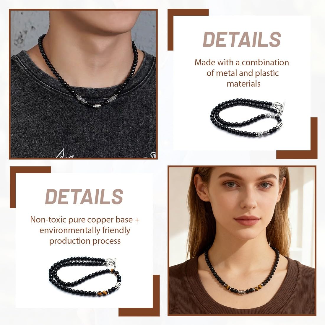 Set di 2 Collana uomo Collana con perle di ossidiana da uomo con Occhio di Tigre e Diaspro Collana da uomo in pietre naturali