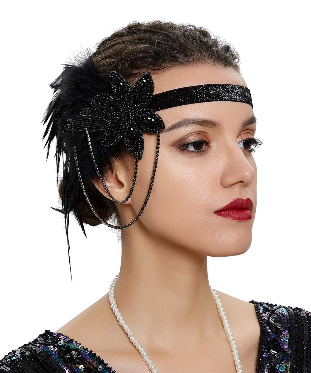 AnglacesmadeBridal 1920s Flapper Feather Headband Crystal Beaded Flower Tassel Black Feather Headpiece Great Gatsby Hair Jewelry for Women and Girls