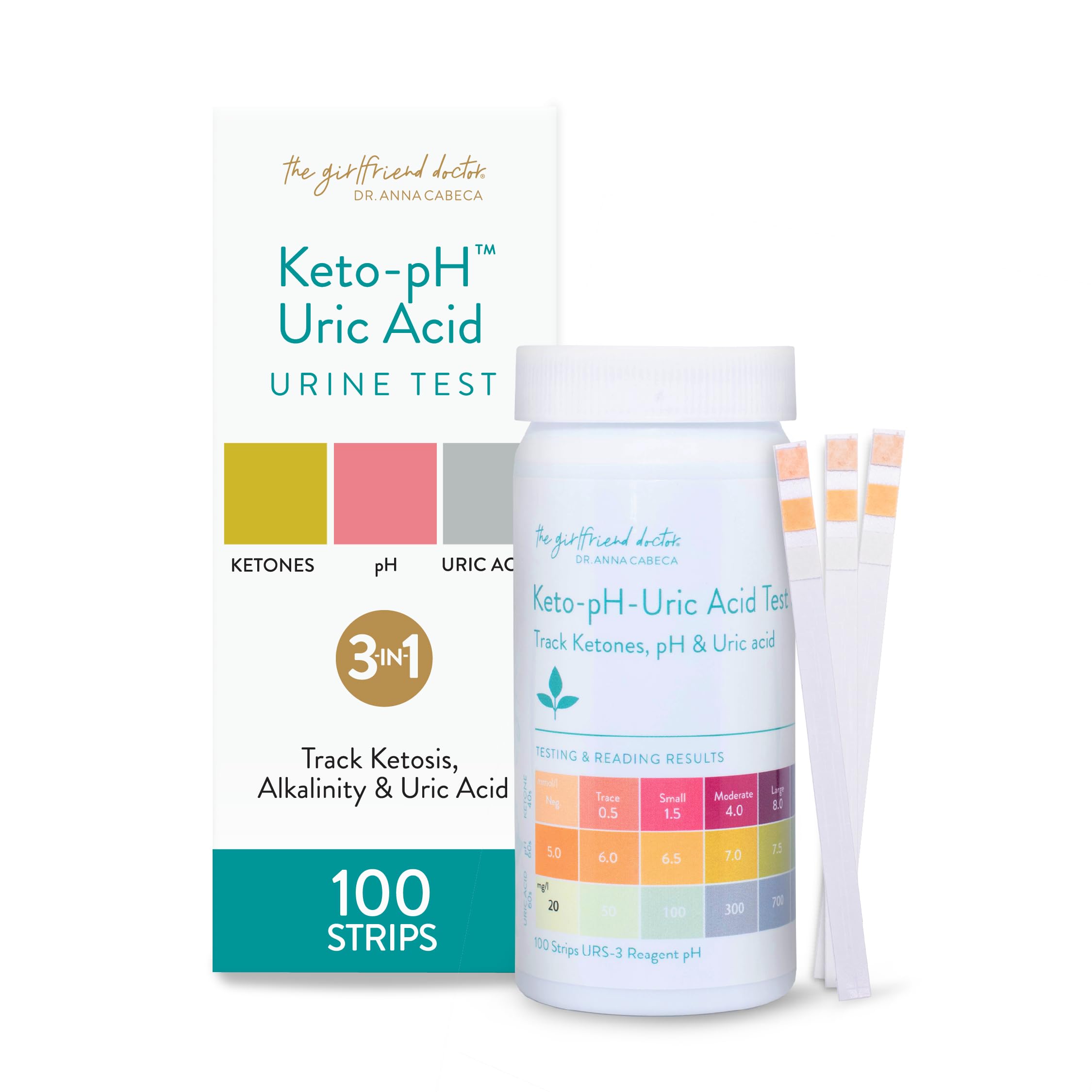 3-in-1 Ketone + pH + Uric Acid Urine Keto Test Strips (100ct) by Dr. Anna Cabeca - Ketosis Test Kit for Ketogenic, Low-Card, Alkaline Diets