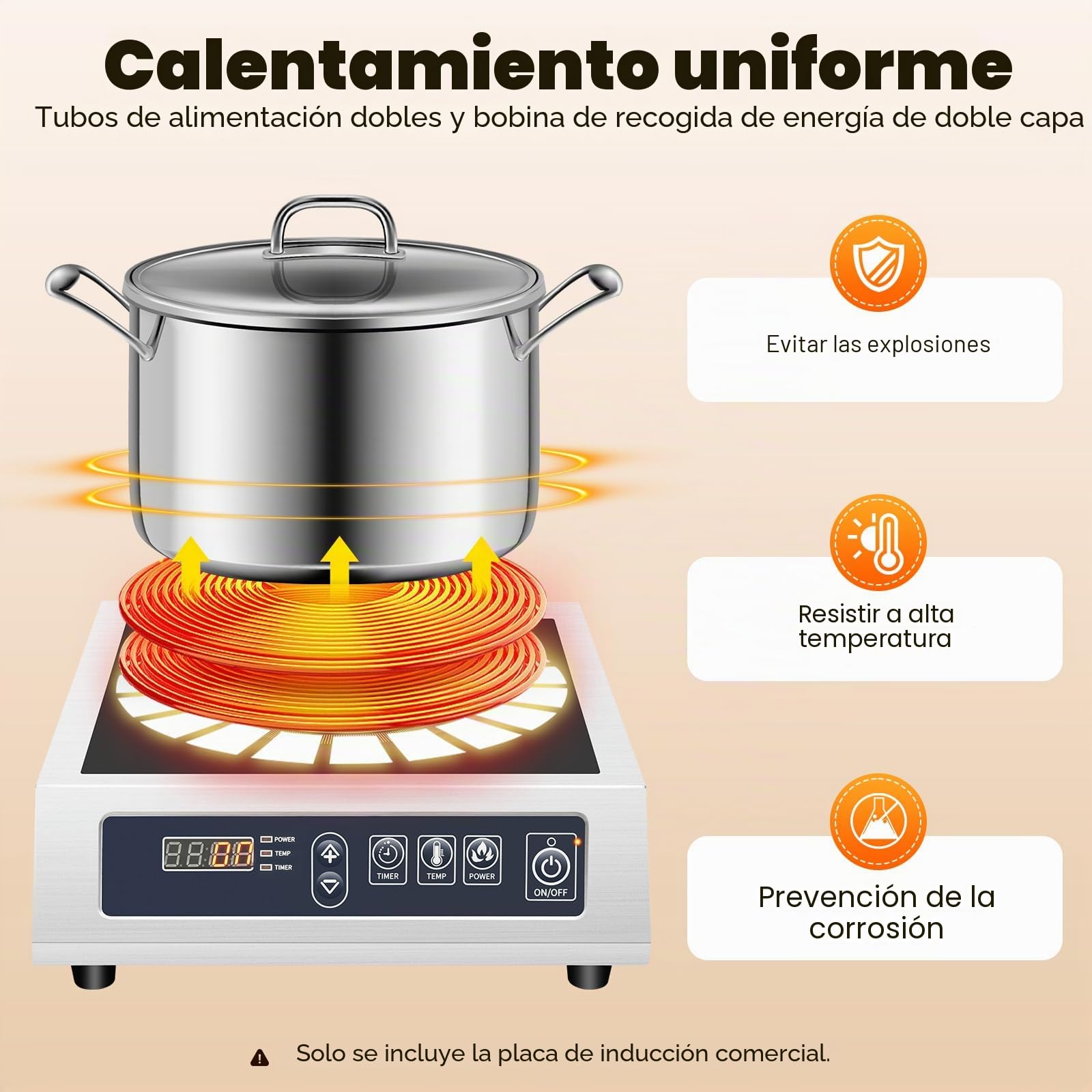 Inducción Comercial 3500w Acero Inoxidable Para Ollas De Fondo Plano 4.72-11.81 Pulgadas De Diámetro Adecuado Para El Hogar Restaurante Hotel