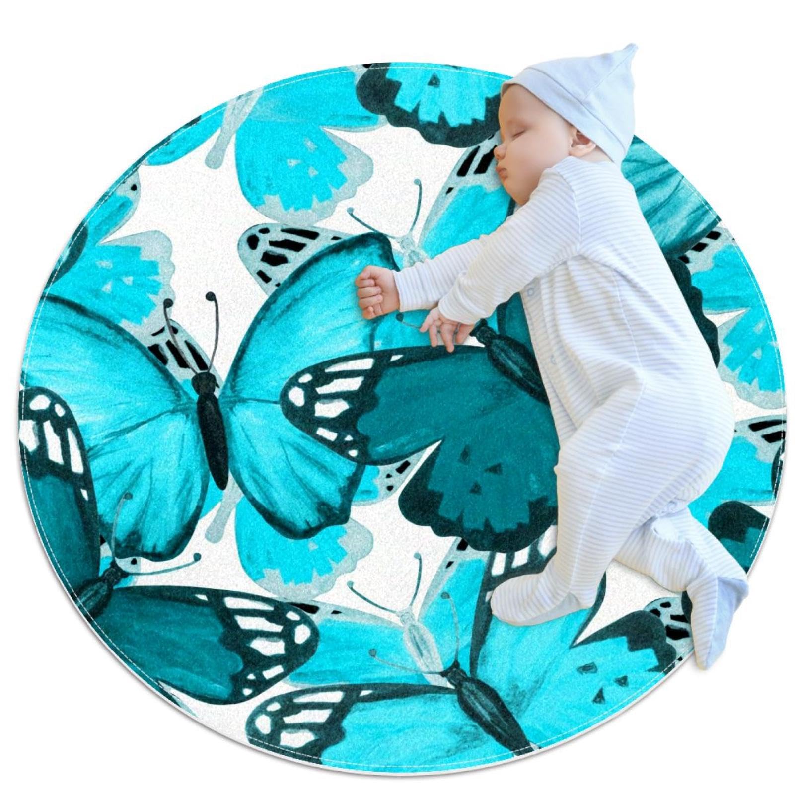 Tapis de salle de bain imprimé papillon bleu rond pour chambre