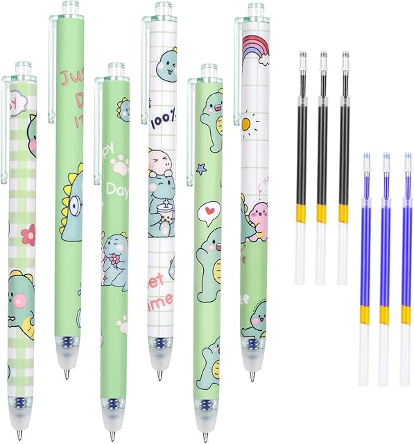 Vicloon Erasable Gel Pens, 6pcs Rollerball Erasable Pens, 0.5mm Retractable Fine Rollerball Erasable Pens with 6PCS Erasable Refills for Kids Adults Sketching,Drawing,School Office Supplies (Dinosaur)