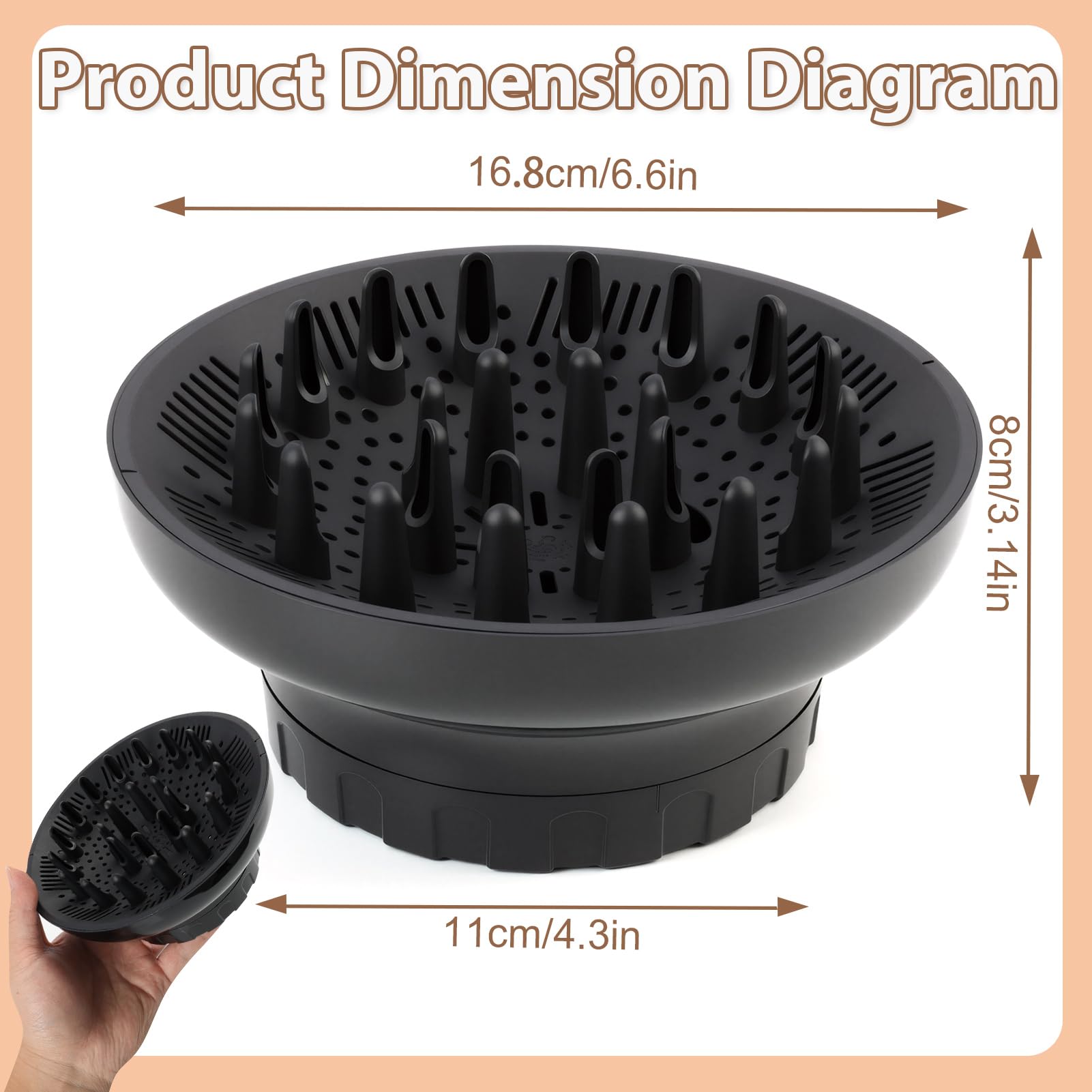 Universal Diffusor Aufsatz Föhn – Diffuser für Haar, Anpassungsfähig für Föhn mit Düse D=3.5-6.6cm, für Lockiges/Welliges Haar (Maximales Volumen ohne Frizz), Schwarz