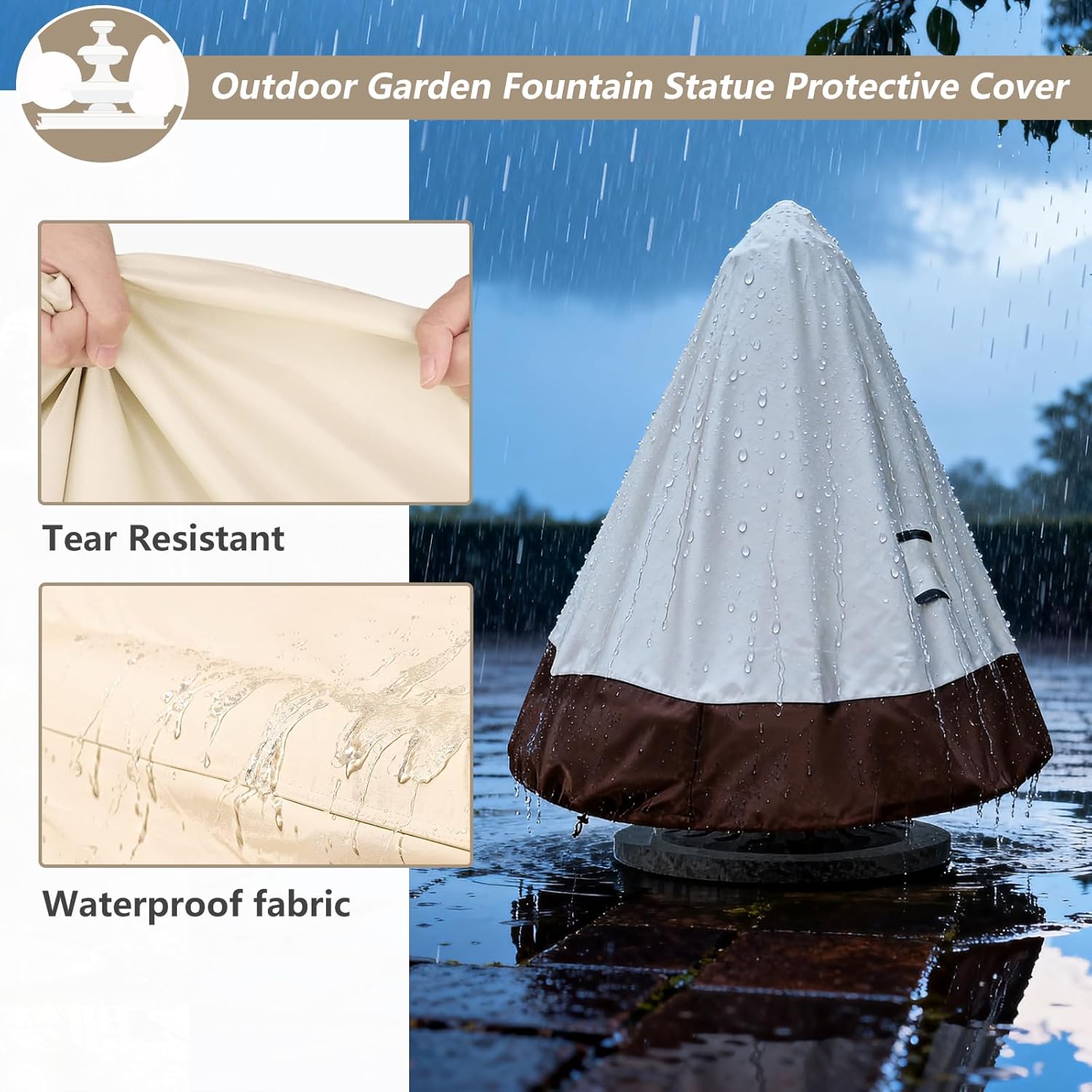 TACOMA Fountain Cover 42" Dia x 61" H,Outdoor 600D Heavy Duty Garden Fountains Statue Protective Cover with Drawstring,Waterproof Windproof Fountain Protector Covers for Winter(Beige & Brown)