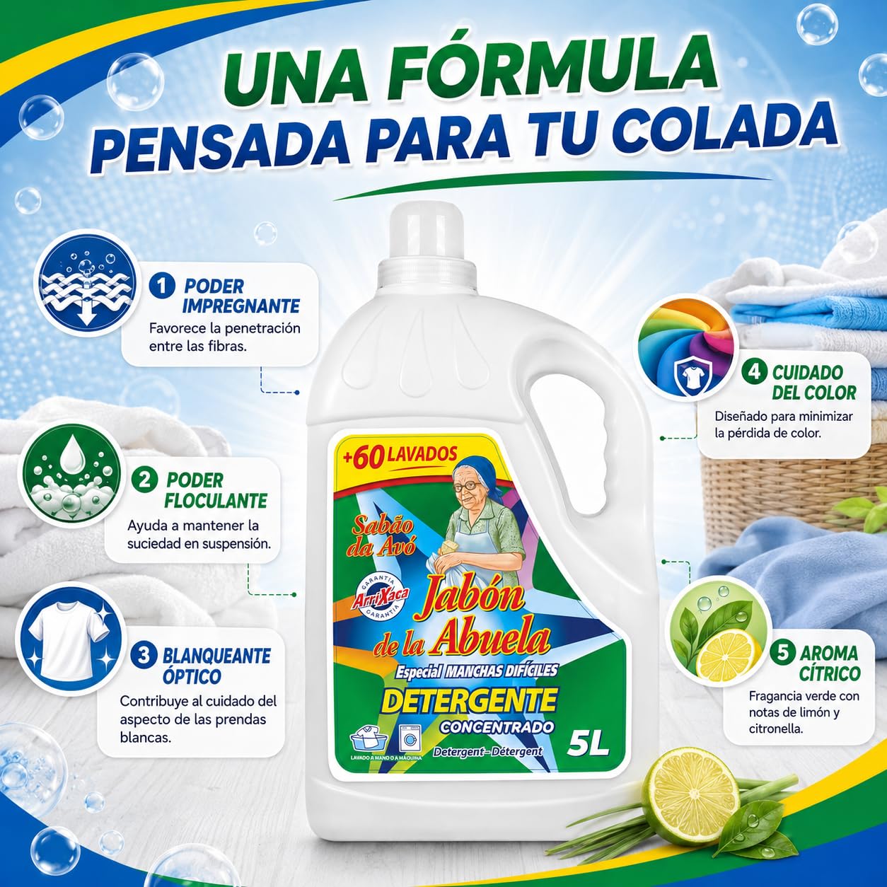 Detergente Líquido Concentrado para Lavadora 20 Litros, Especial contra Manchas Difíciles, más de 60 Lavados Garantizados