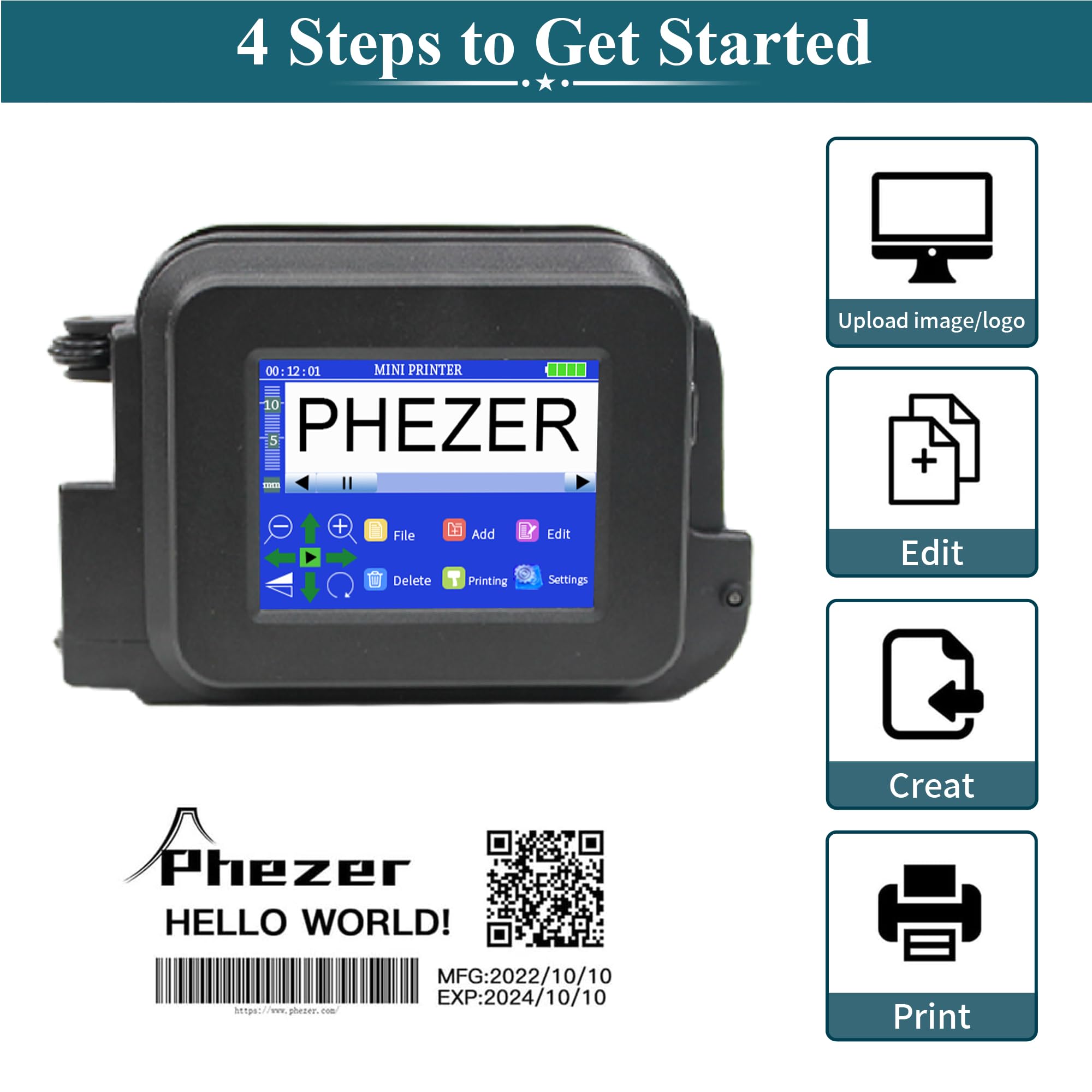 Phezer Mini impressora portátil a jato de tinta PC12 de 12,7 mm/0