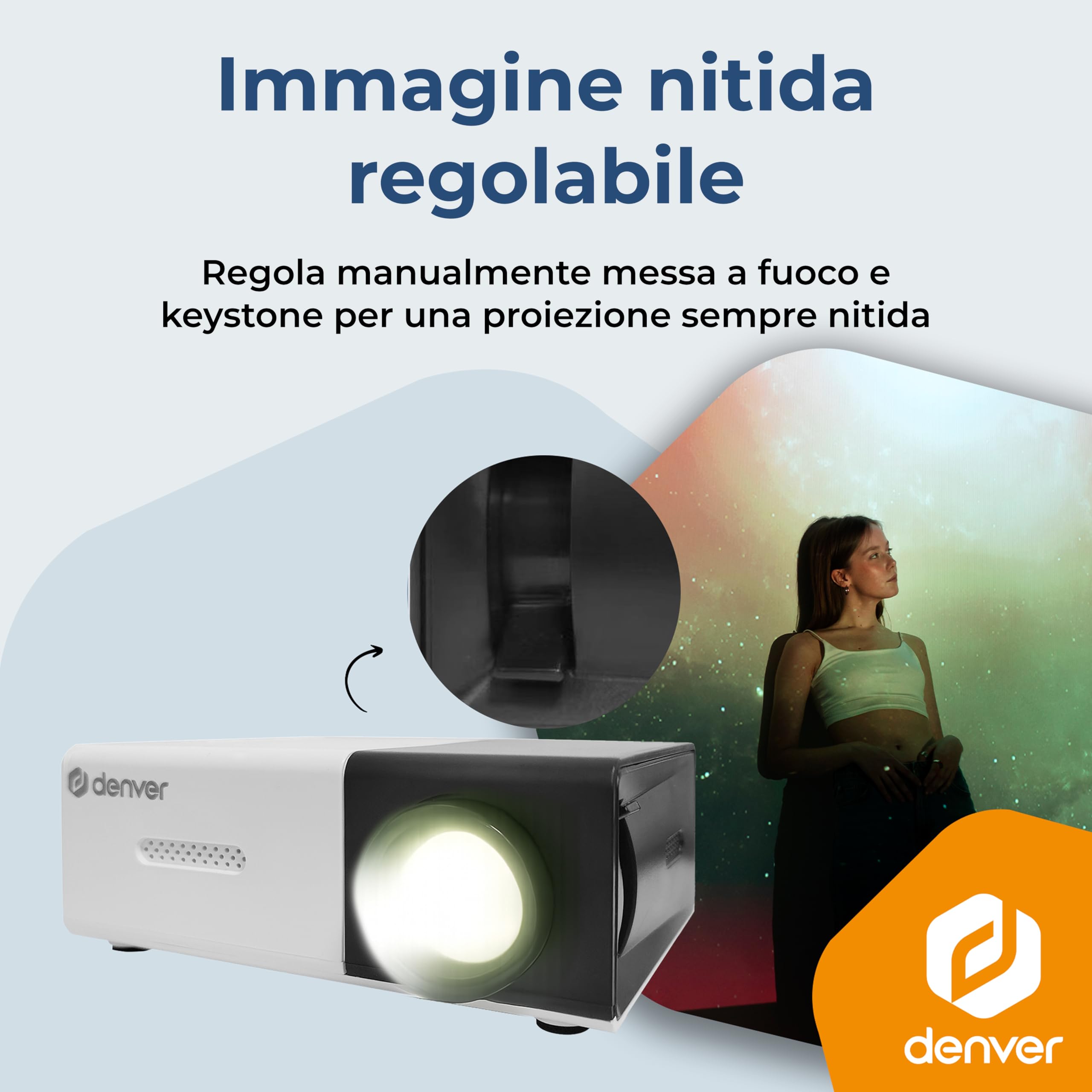 Denver PR-1000 Mini Proiettore LED Portatile Supporta Full HD 1080p con HDMI, USB-C e MicroSD, Proiettore Home Cinema Compatto 20-60 Pollici Dimensioni Schermo