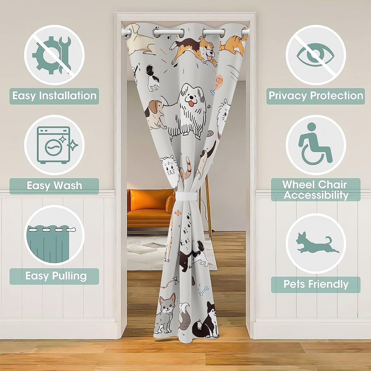 Farmhouse Dogs Door Curtain 1 Panel,60" W X 80" L,Watercolor Cartoon Puppy Lovely Pet Door Drape for Closet Door Living Room Bedroom Decor,Vintage Country Decor Dogs Cats Pattern Blackout Curtain