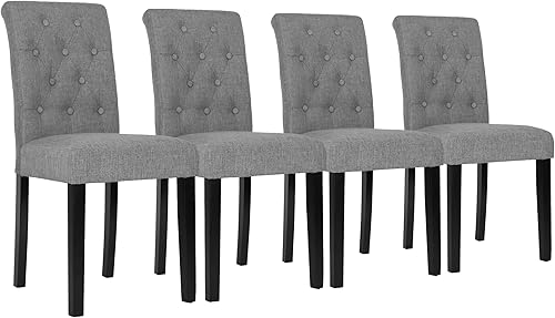 Juego de 4 sillas de comedor tapizadas sillas de cocina con botones y patas de madera maciza negra gris