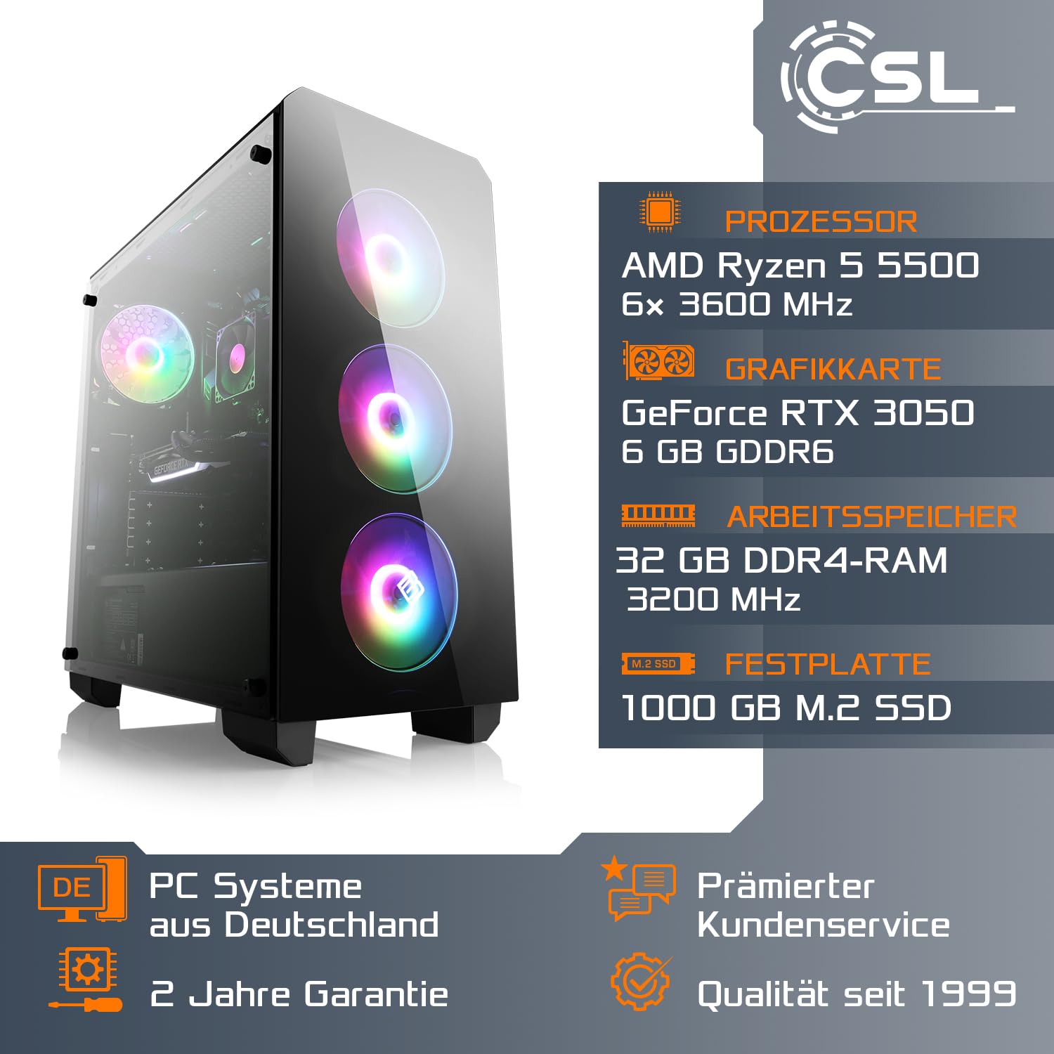Basic Gaming PC mit Windows 11 Home | AMD Ryzen 5 5500 6x3.6GHz | GeForce RTX 3050 | 1000GB M.2 NVMe | 32GB DDR4 RAM | 27" TFT | WLAN, Computer für Zocker, Gamer Desktop Rechner zum Spielen | A10090