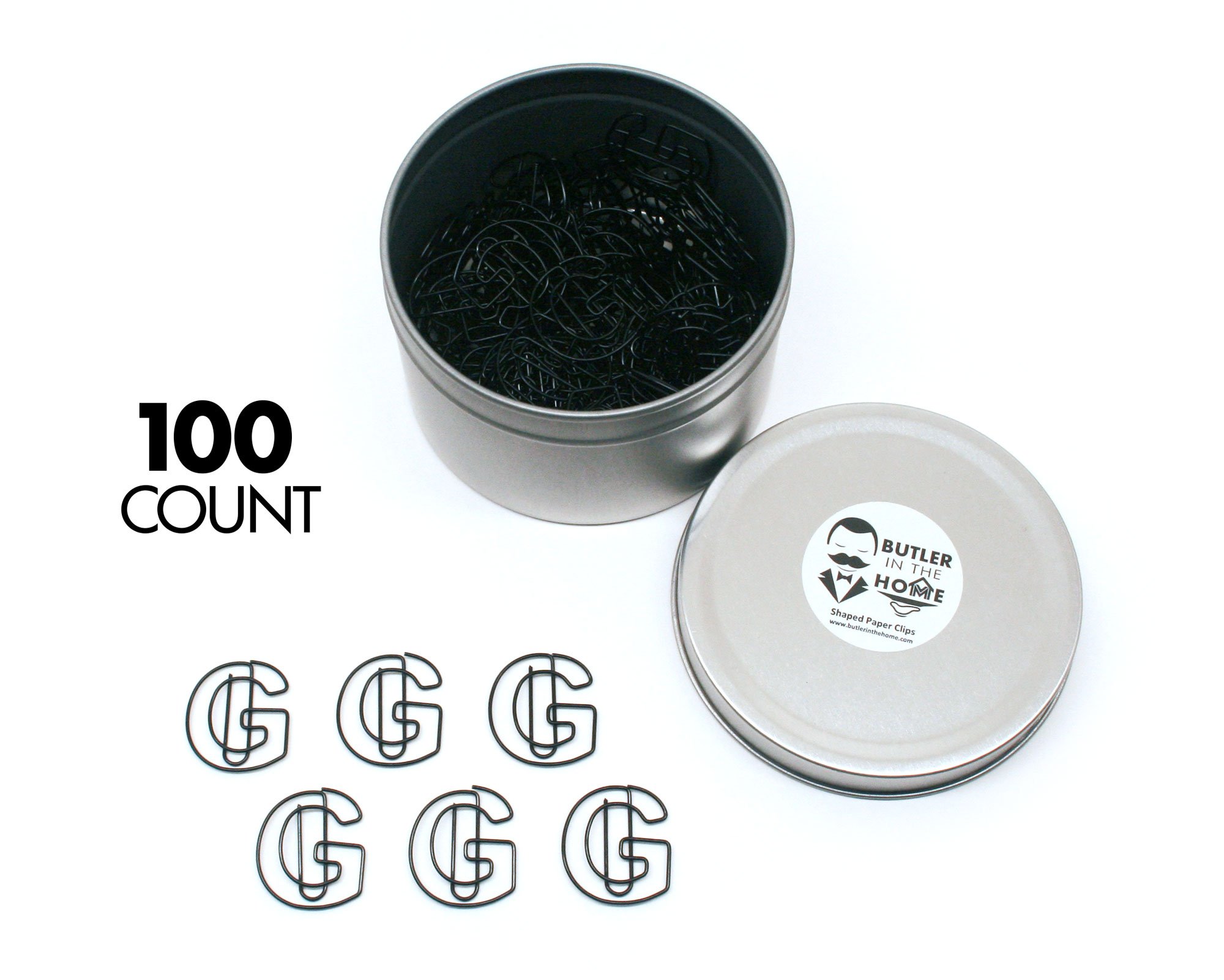 Butler in the Home Black Letter G Paper Clips - 100 Count - Comes in Tin with Lid and Gift Box