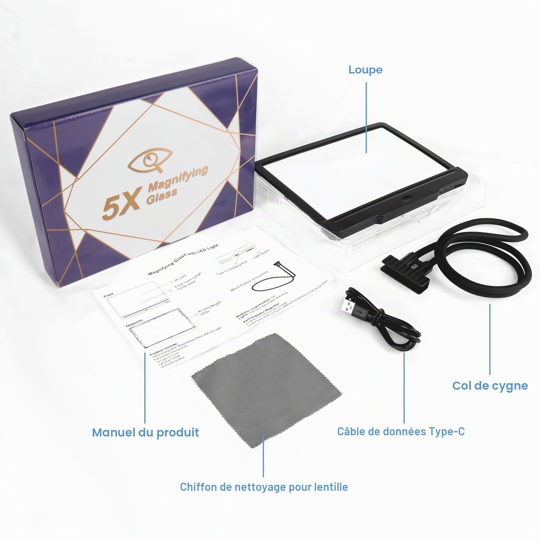 Loupe rechargeable 5x avec sangle de cou, 43 lumières LED intégrées pour agrandir la loupe pleine page, avec un col de cygne flexible et mesurant 23,6 x 17,8 cm, convient aux personnes âgées