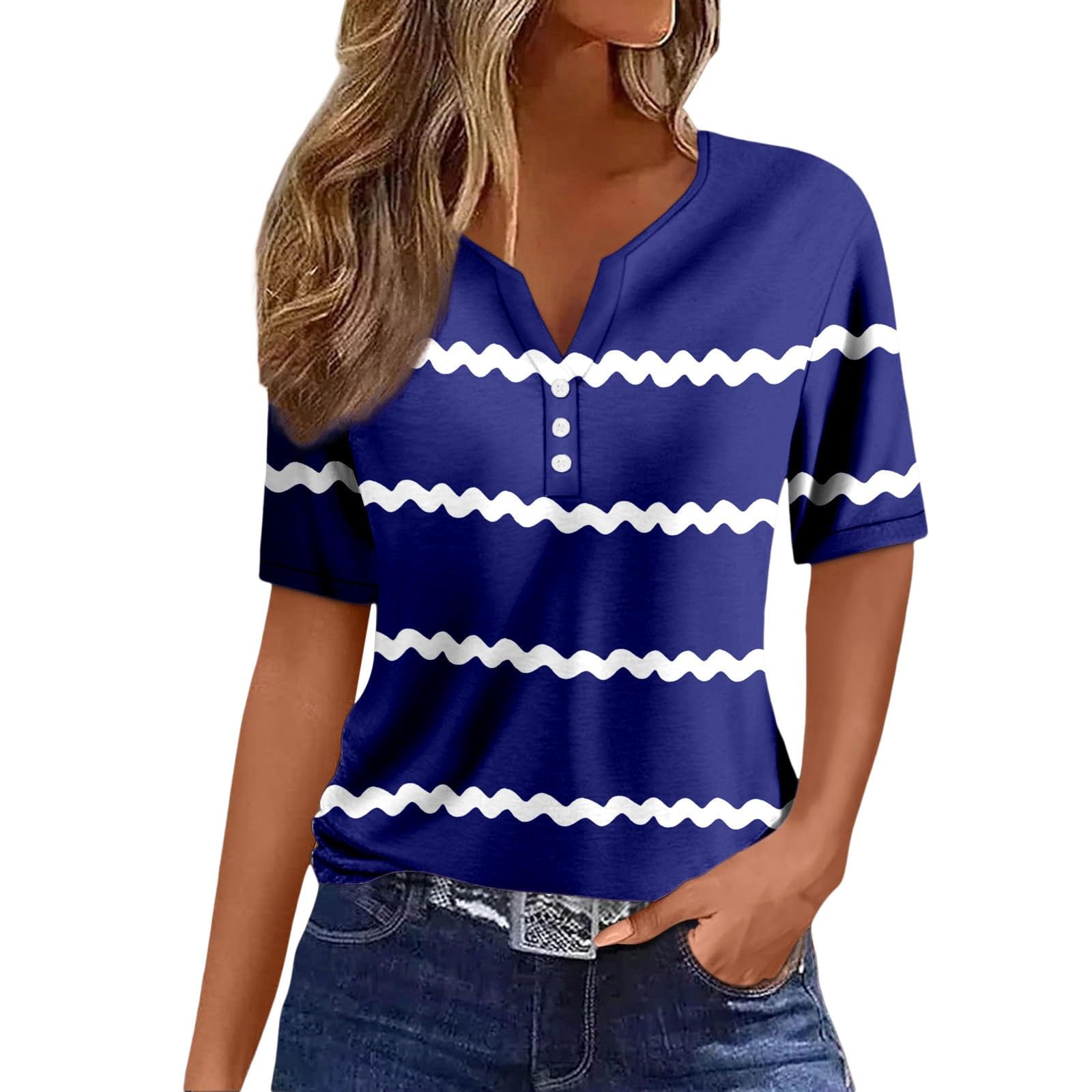 Blouses for Women Button Up Tee Shirts Loose Fit Tops Plus Size Soft Tee Blouse V Neck Sexy T Shirts Summer Short Sleeve Shirts Printed Elegant Ladies Blouses Hiking Travel Beach Sweatshirts