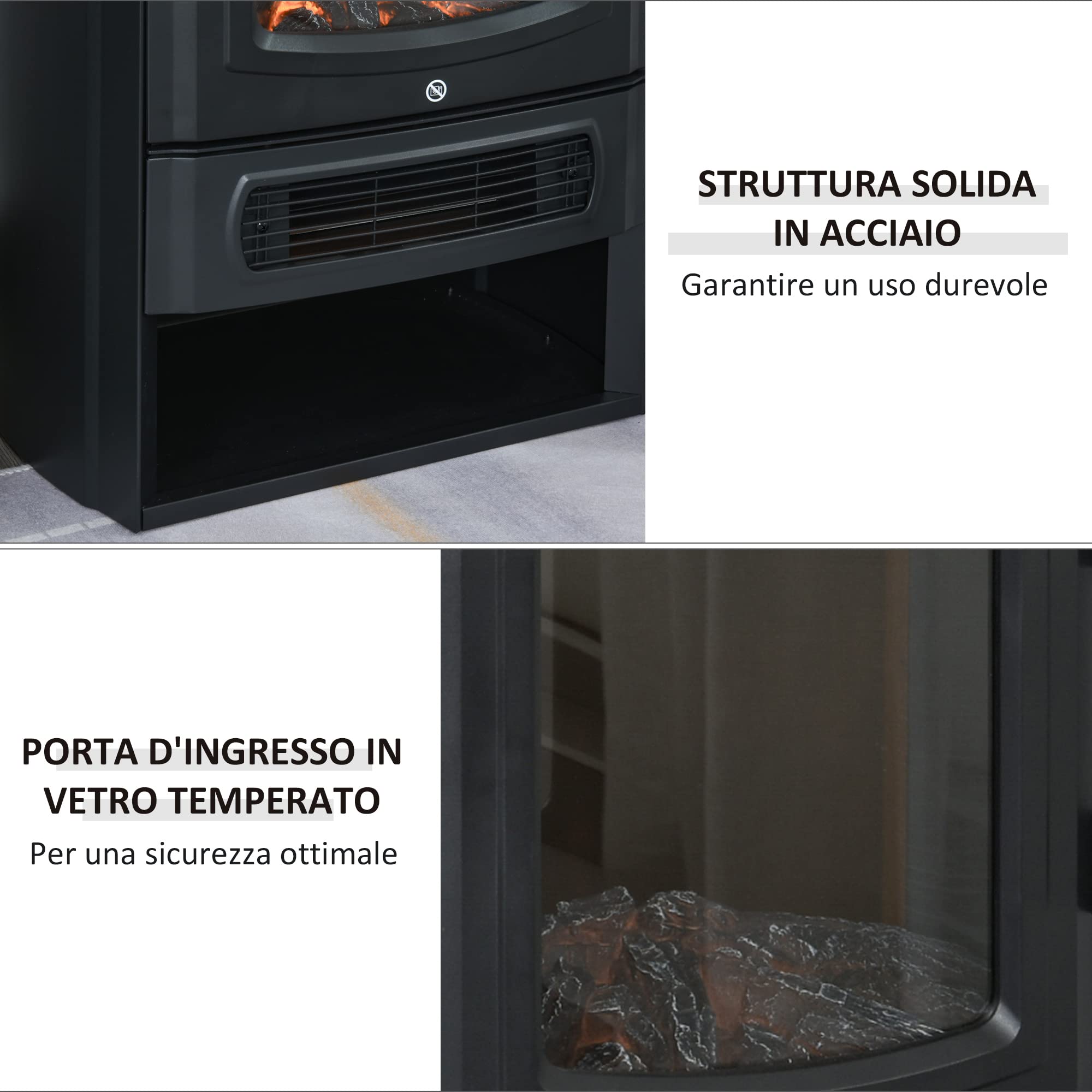 HOMCOM Camino Elettrico con Fiamma Realistica, Portalegna, 20-25㎡, Nero | Caminetto Elettrico, Protezione da Surriscaldamento, Termostato, Temperatura Regolabile, Acciaio, Vetro Temperato