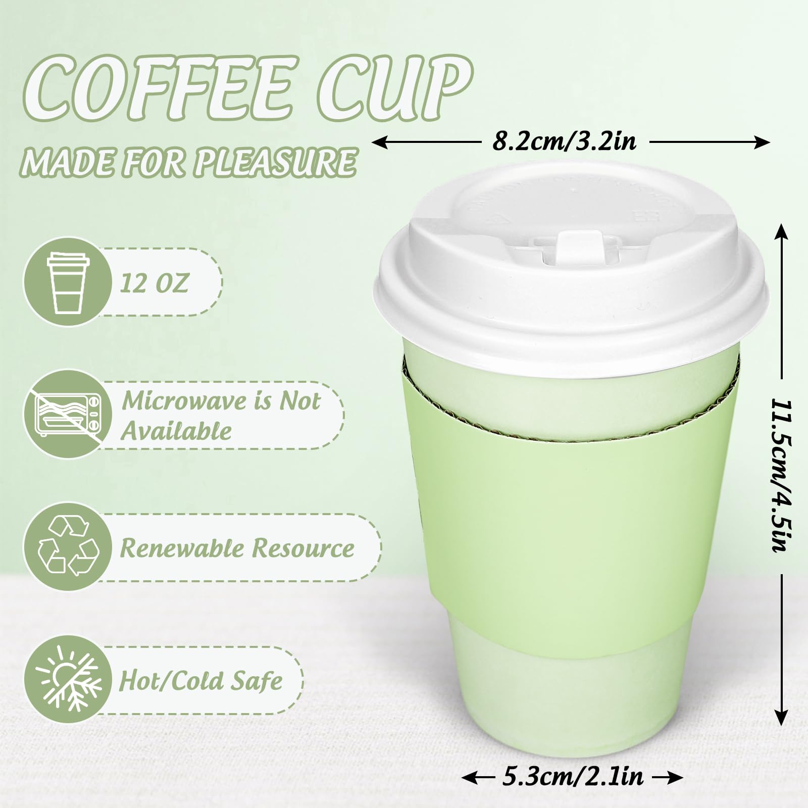 JarThenaAMCS 50 tazas de café desechables de color verde salvia con tapas y mangas, vasos de papel aislados de 12 onzas para el hogar, restaurante, viajes, suministros de fiesta de negocios
