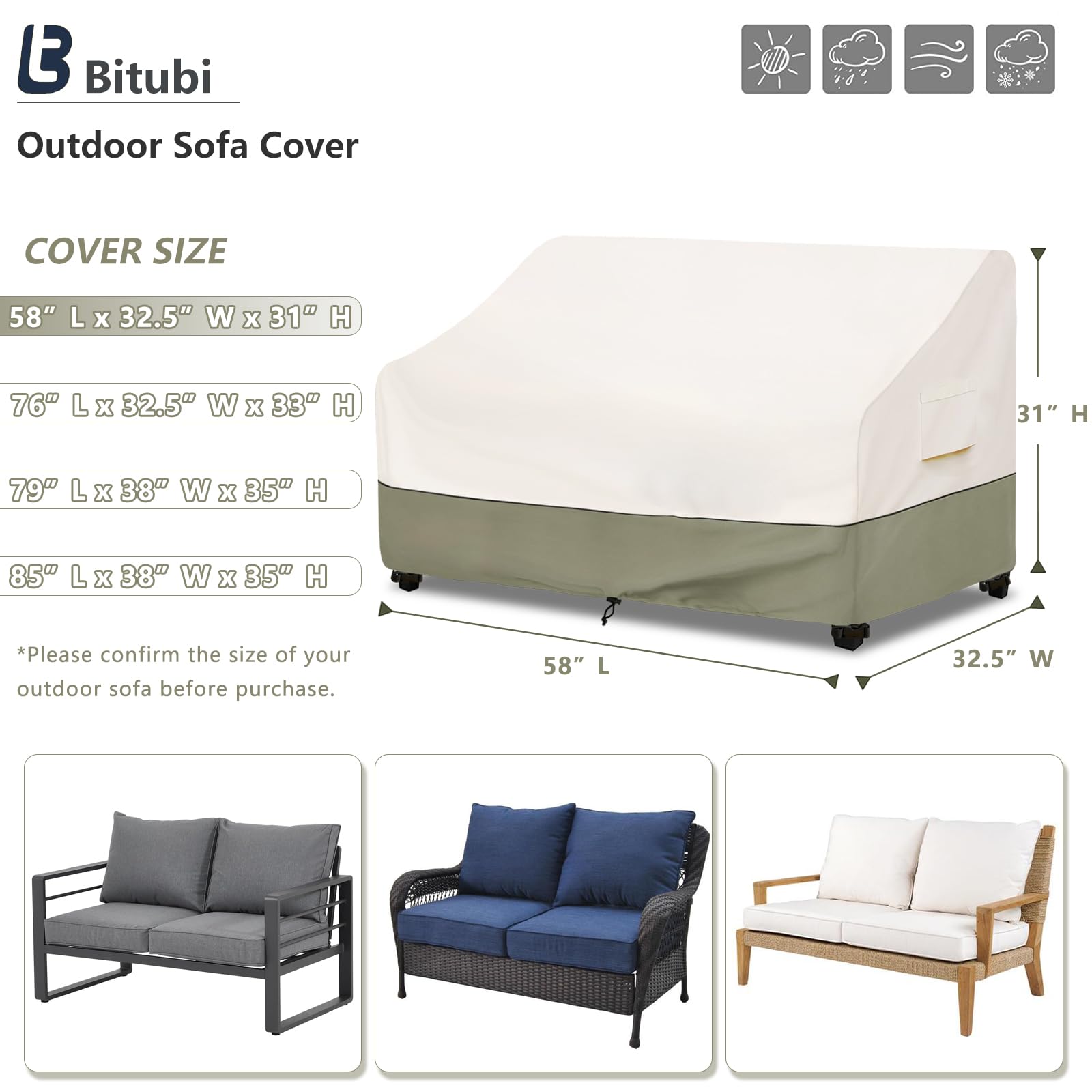 Bitubi 2-Seater Heavy Duty Patio Loveseat Cover, 100% Waterproof Outdoor Deep Sofa Cover Size Up to 58W x 32.5D x 31H Inches, Lawn Patio Furniture Covers with Air Vent (Beige)