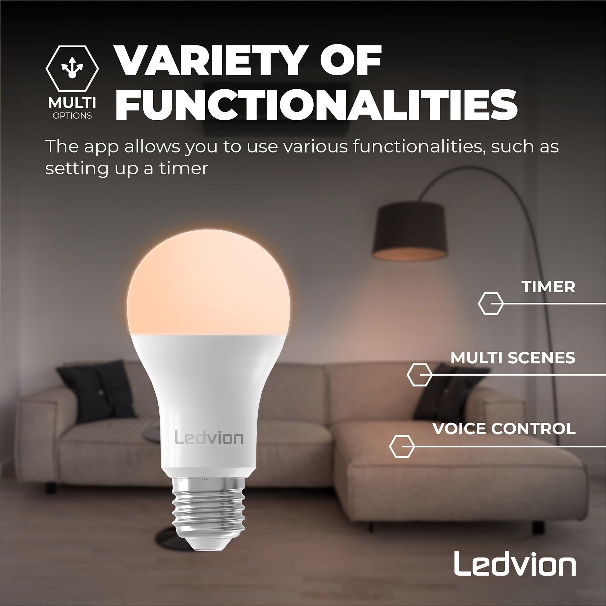Ledvion - 10X SMART RGB+CCT Lampada LED E27, 8W, 806 Lumen, Illuminazione Wi-Fi, Dimmerabile, Alexa & Google Home