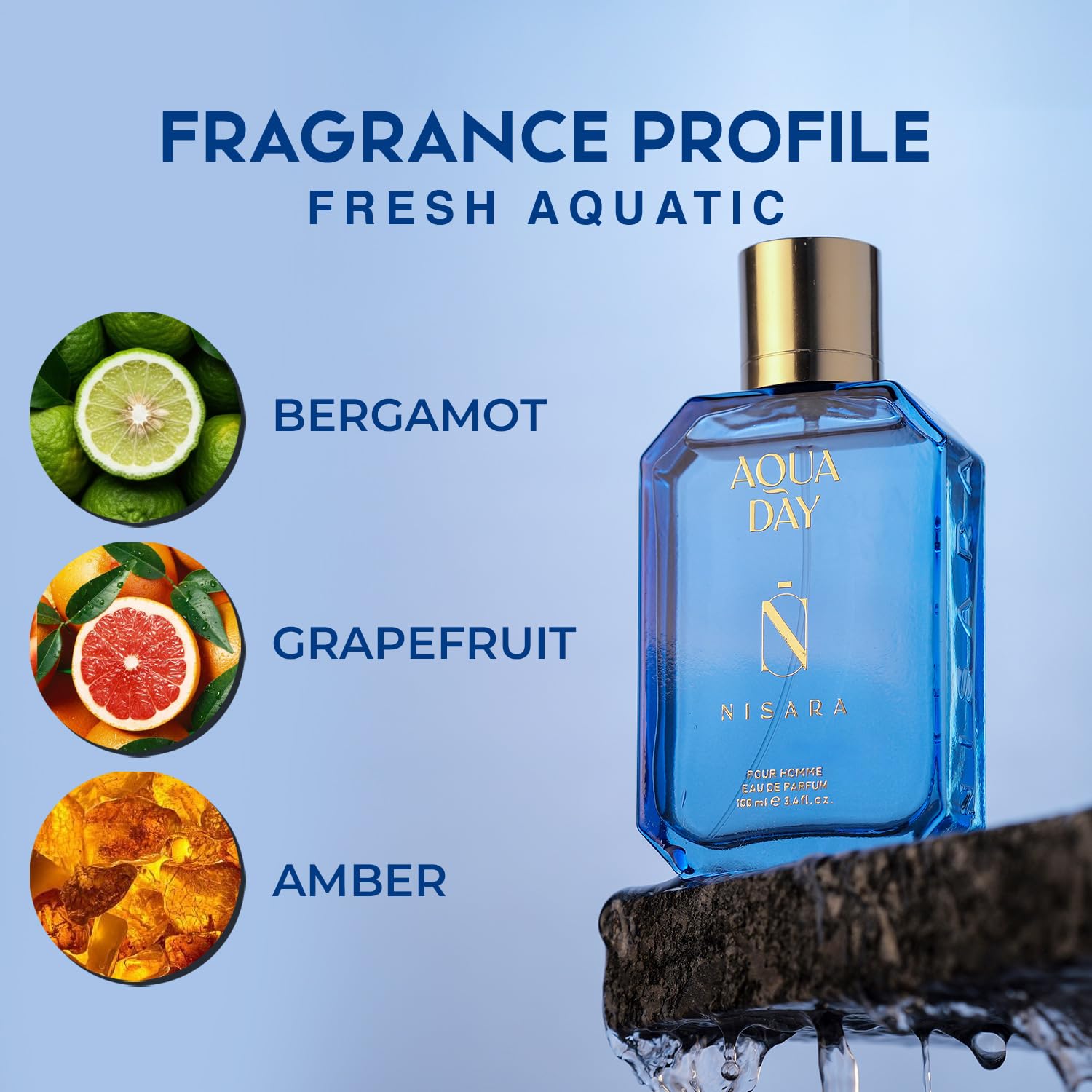 Nisara Aqua Day Fresh Aquatic Perfume for Men -100ml| Long Lasting Eau De Parfum| Citrus, Marine & Musky Fragrance | Lemon, Grapefruit, Ginger, Amber | Premium Perfume Spray for men for summers 1