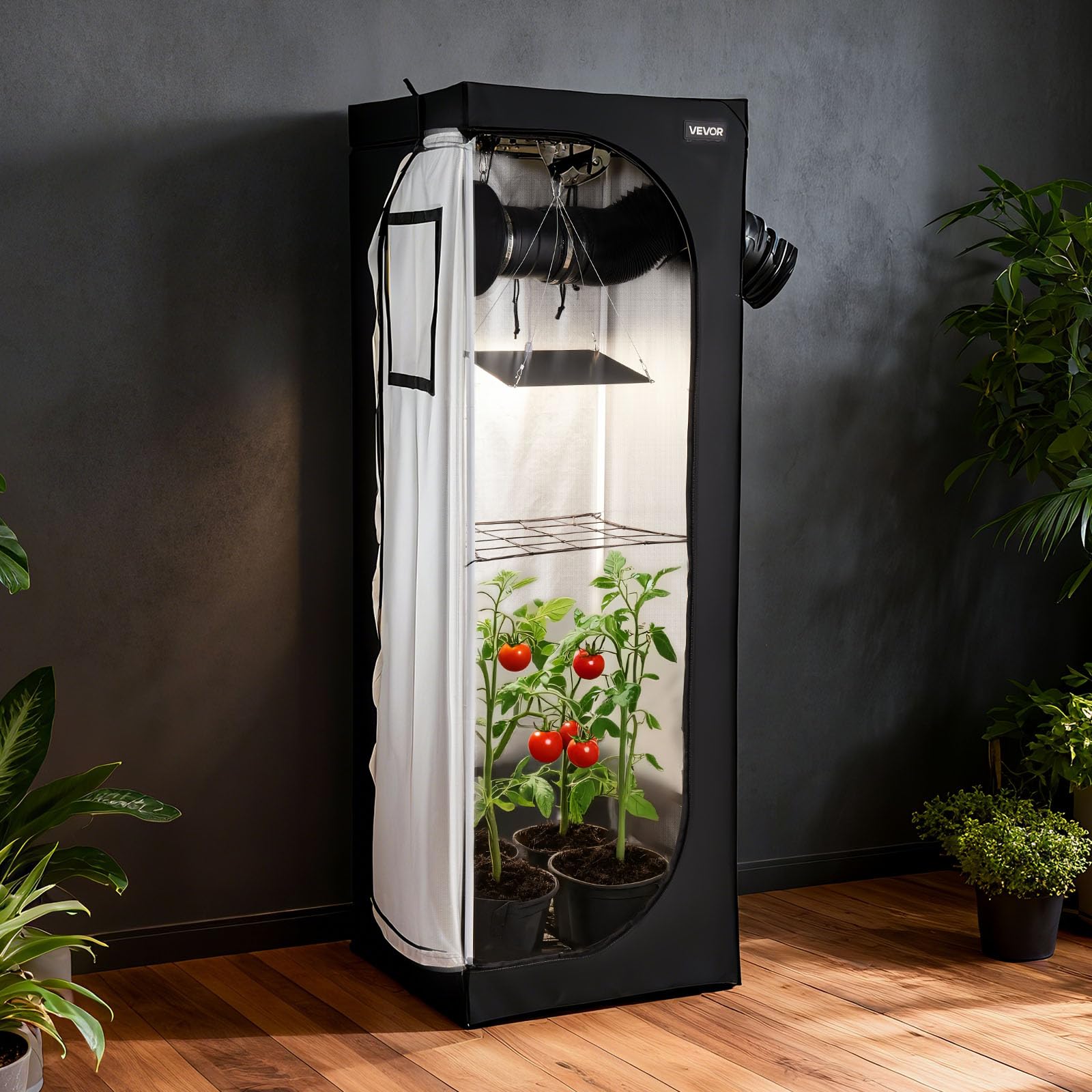 VEVOR Kit Completo per Tenda da Coltivazione da Interno 60x60x180 cm Tenda da Coltivazione con Illuminazione LED a Spettro Completo, Sistema di Ventilazione, Mylar 600D, per Fiori Verdure