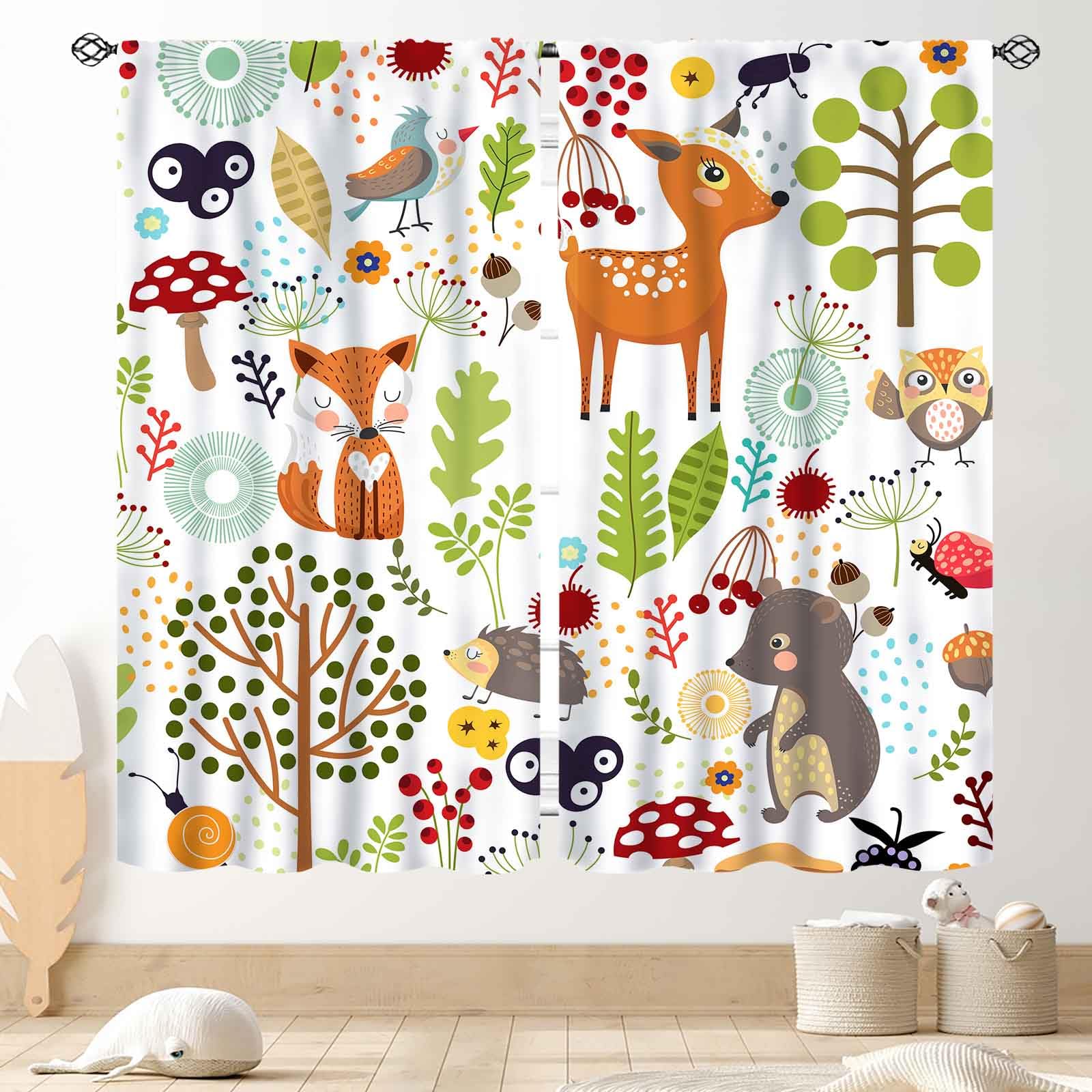 TKUYO Woodland Nursery Curtains, Rustic Forest Bear Deer Fox Cartoon Safari Colorful Wild Animals Blackout Window Drapes Treatments for Baby Kids Girls Boys Living Room Bedroom 2 Panels, 52"x84" Inch — image 1