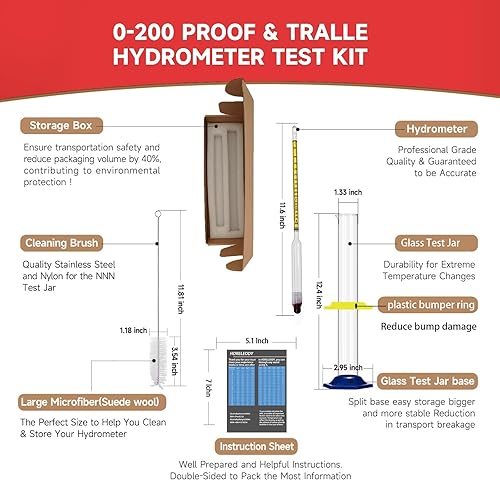 Miniatura 3 de Kit de prueba de medidor de hidrómetro de alcohol 0-200 Proof & Tralle, con tarro de prueba de vidrio, probador preciso y cilindro de vidrio para