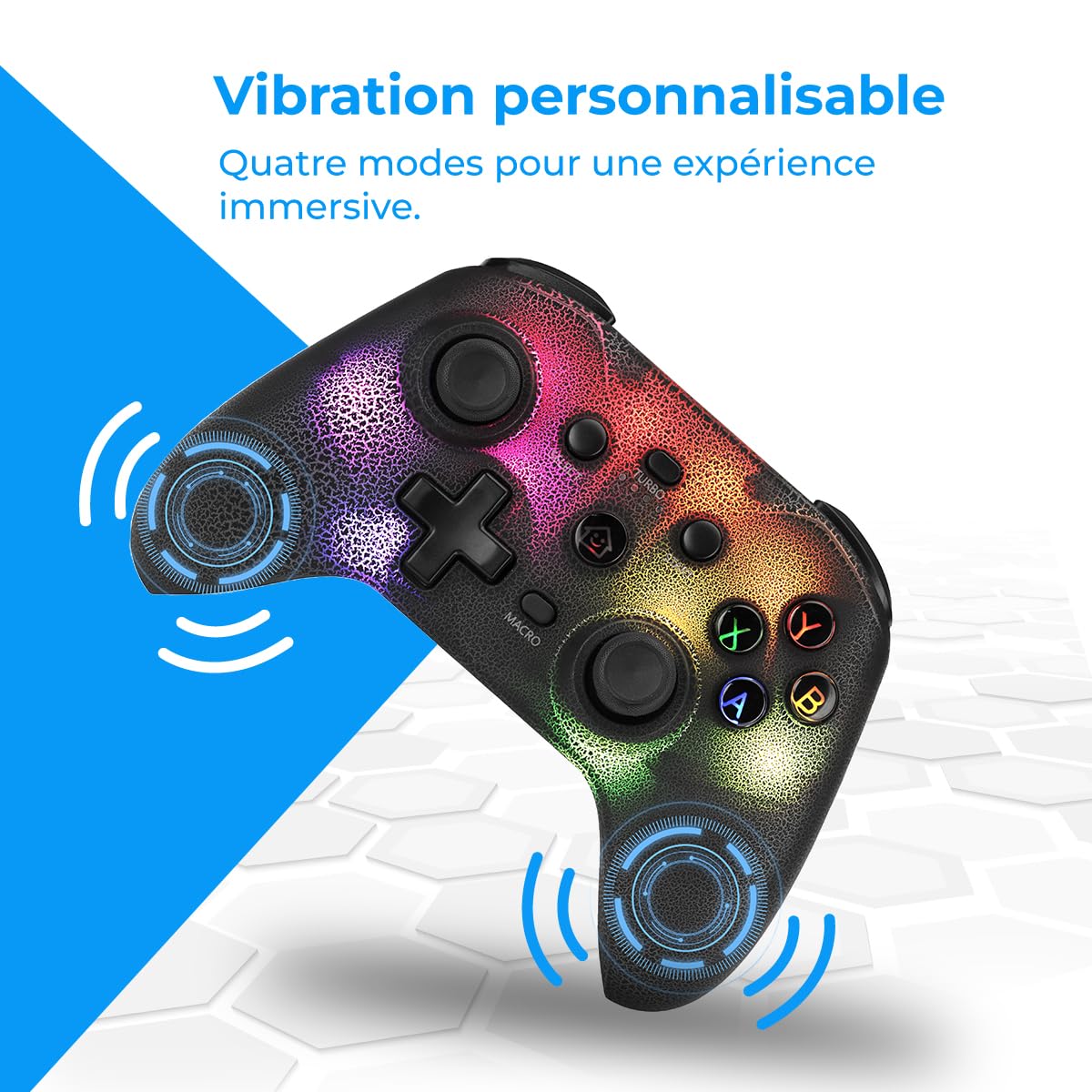 NK Wireless Switch Controller - LED RGB réglables, Compatible Switch/PC/Android/iOS, fonction Turbo, Réglages Macro, Bluetooth, 6 axes, 4 modes de vibration - Noir (avec support pour smartphone)