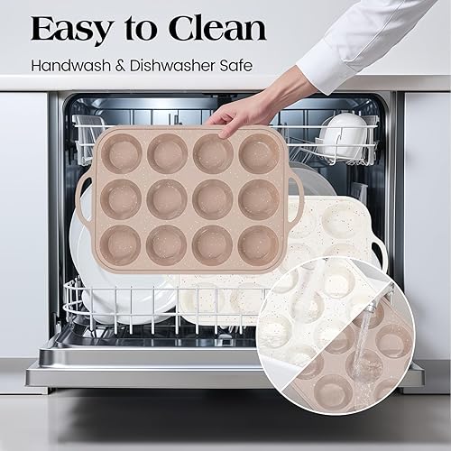 Miniatura 7 de Vinino Paquete de 2 moldes de silicona para magdalenas para hornear con marco reforzado de metal, 12 tazas de silicona antiadherentes de tamaño
