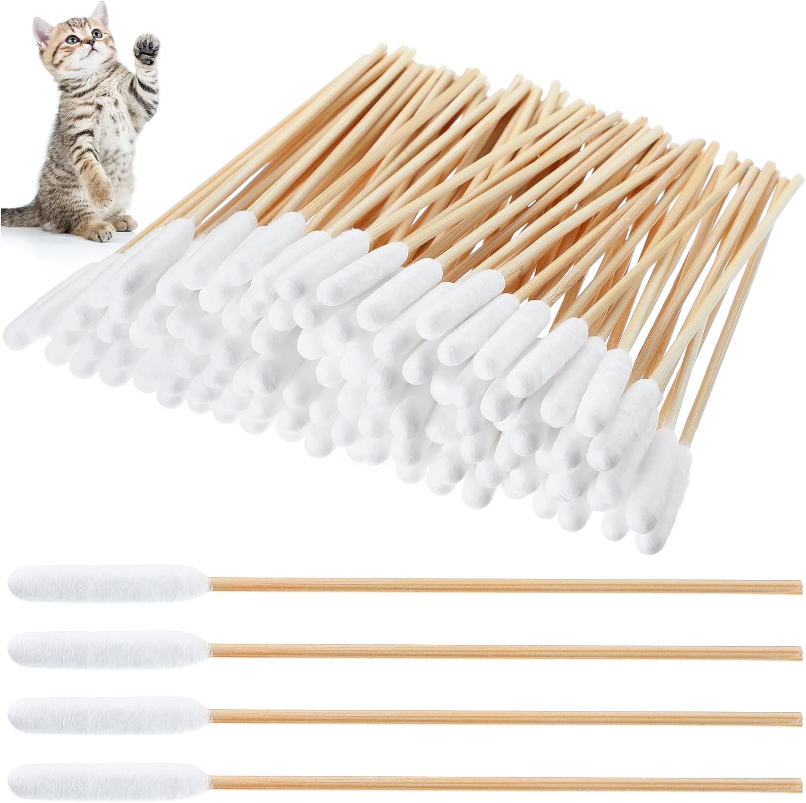 Nuogo 300 Pieces Cotton Buds for Dogs and Cats Pet Cotton Ear Buds Swabs Long Swab Dog Ear Drops with Wood Handle for Dog Care Cleaning,4.7 Inches