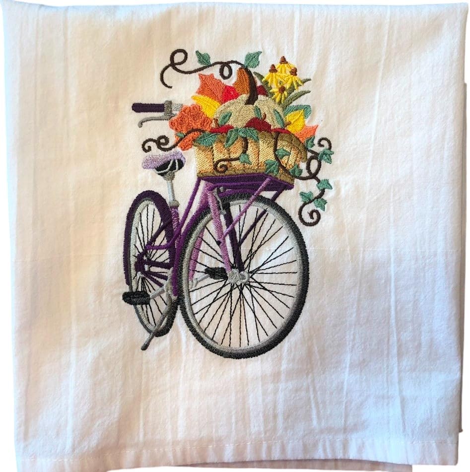 Autumn harvest bicycle embroidered flour sack tea towel, kitchen towel