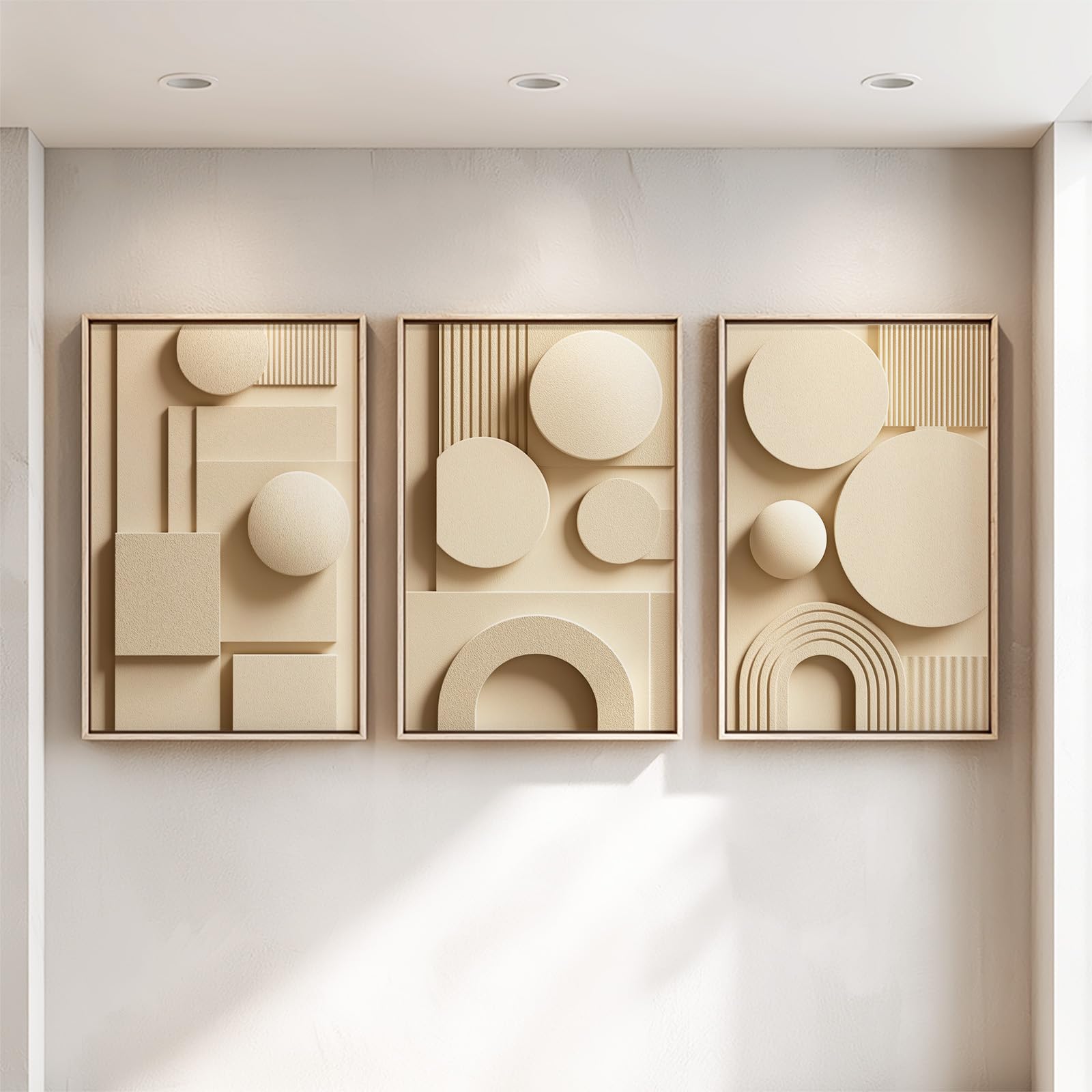 3 szt. Wydruk na płótnie, nowoczesna geometryczna dekoracja ścienna, relief beżowy okrągły plakat obrazy do salonu sypialnia dekoracja biurowa 40 x 50 cm