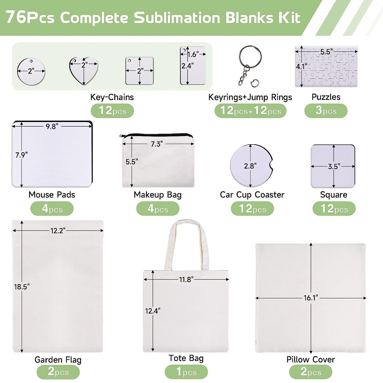 Ejoyous Sublimation Rohlinge Set, 77 Stück Sublimationsrohlinge Kit inklusive Schlüsselanhänger Mauspads Kissenbezügen Gartenfahnen Make-up-Taschen Handtasche Puzzles, für DIY