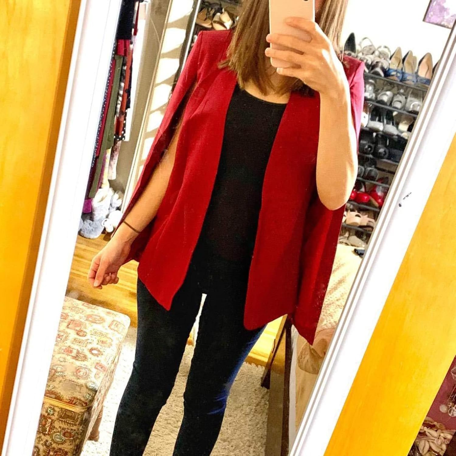 Blazer A Mantella da Donna con Maniche Divise, Aperto sul Davanti, Elegante, Solido, Giacca da Lavoro Professionale per Ufficio, Red, XL