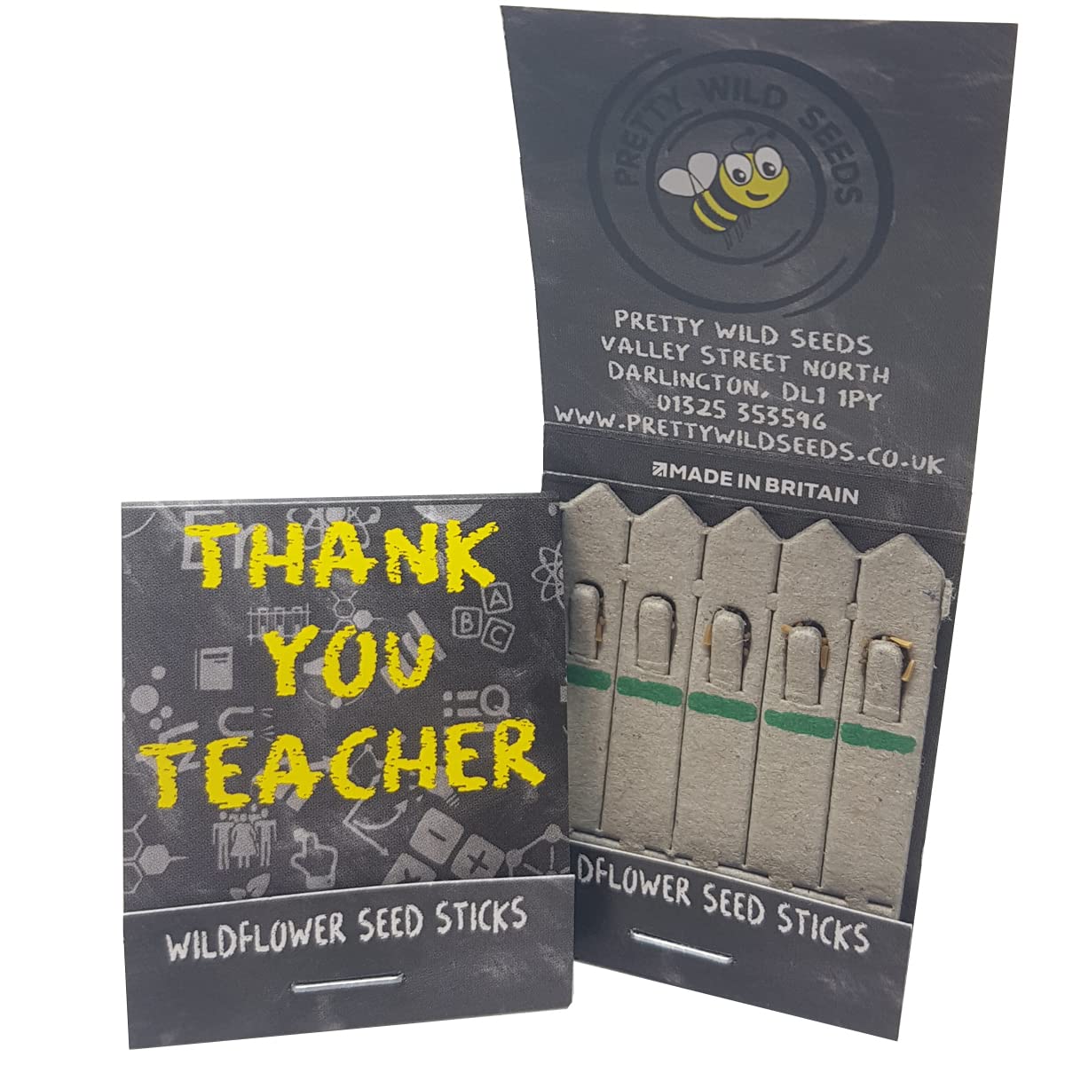 Thank You Teacher SeedSticks Unique Gift and Present for End of Term or Year for Teachers with Forget-Me-Not and Wildflowers (Thank You Chalkboard Wildflower Seedsticks, 100 Packets)