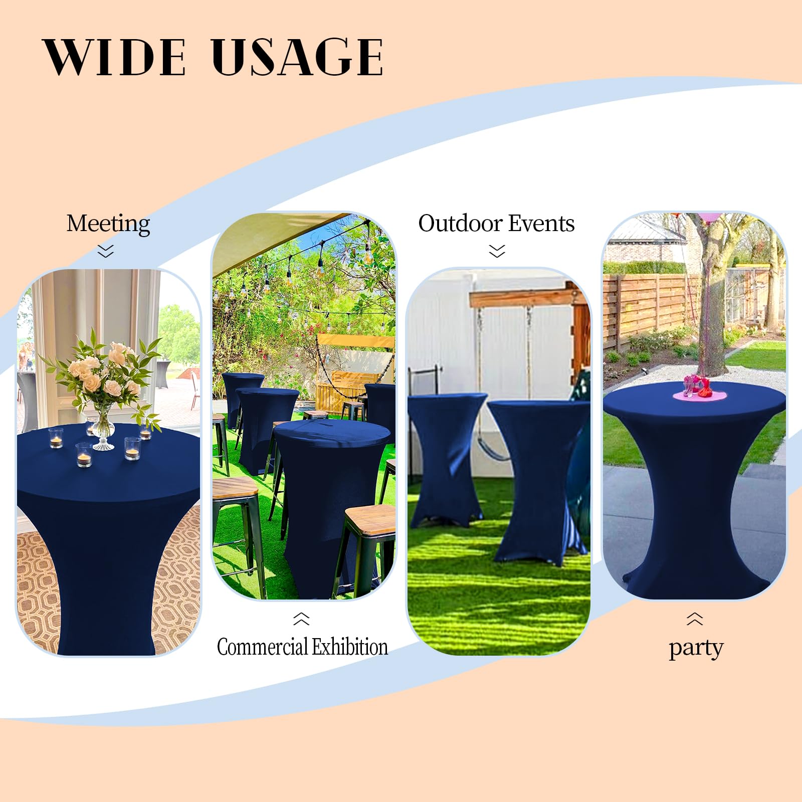 Paquete de 6 manteles elásticos de elastano con esquinas cuadradas de 80 x 110 cm, ajustables para mesa alta, resistentes al agua, mantel redondo para bar, boda, cóctel, fiesta, banquete (azul marino)