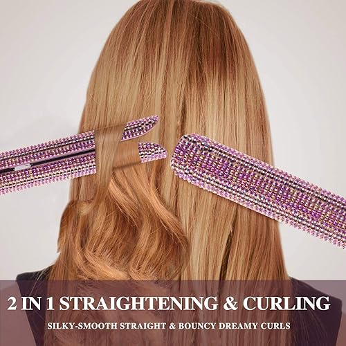 Miniatura 6 de Plancha plana de titanio con hermoso diamante de imitación de cristal, alisador y rizador 2 en 1, apagado automático de 60 minutos, pantalla LCD de